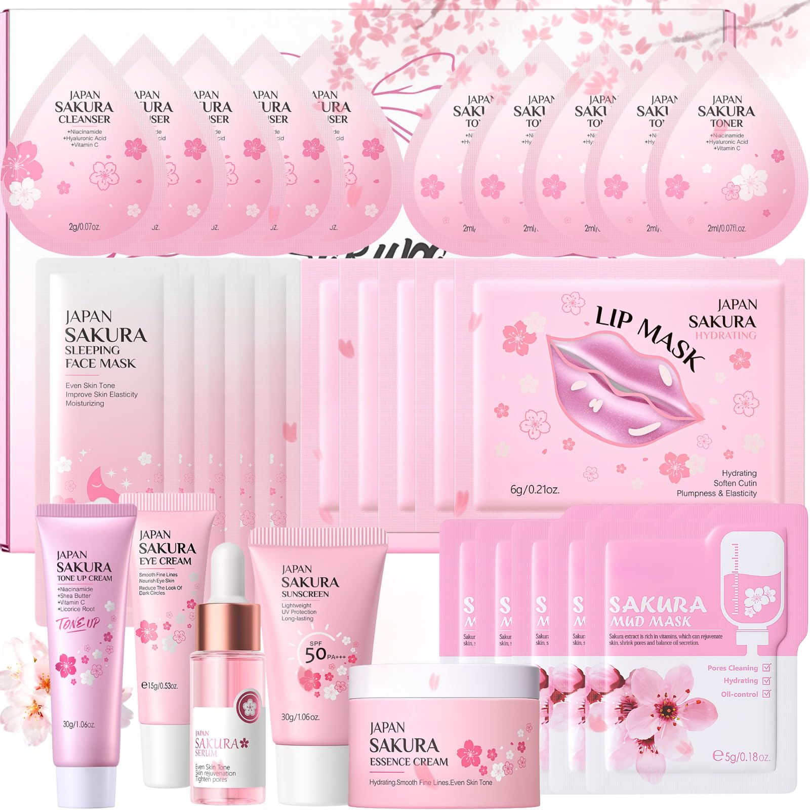 31PC Luxury Sakura Skin Care Gift Set - Complete Japanese Routine with Cleanser,Toner,Serum,Eye Cream,Sunscreen,Mask & More - Ultimate Pamper Gift for Women,Birthday & Christmas Gifts for Teenage Girl