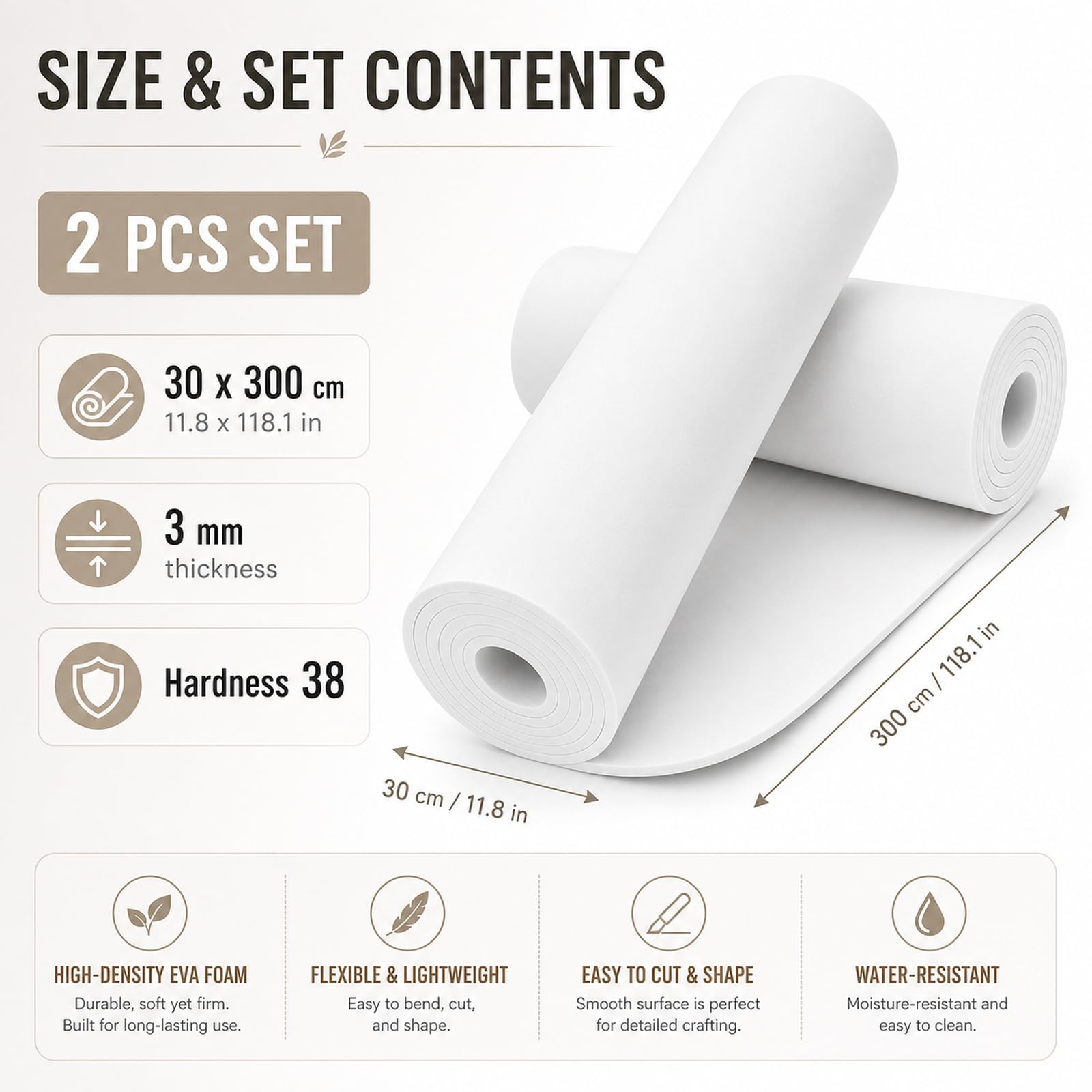 STARVAST Lot de 2 rouleaux de 3 m en mousse EVA - Plaque en mousse EVA de 2 mm - Planche de bricolage blanche pour art et artisanat, costumes de cosplay et protection murale - Mousse malléable pour le