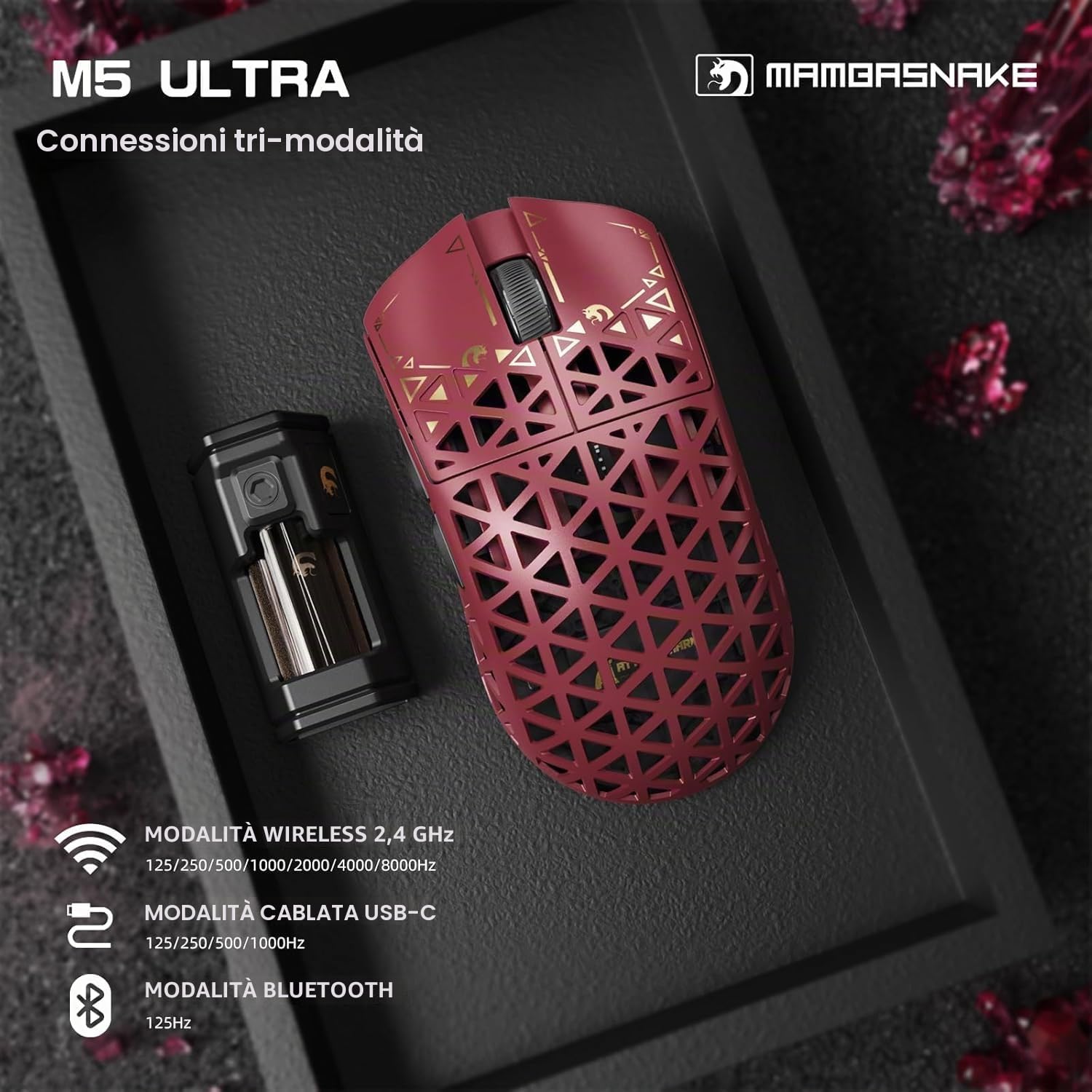 MAMBASNAKE M5 Ultra Carbon Fiber 8000Hz Wireless Gaming Mouse, 39g Superlight 42000DPI, sensore PAW3950MAX Nordic 52840, Bluetooth/2.4G/USB-C Wired Mice with Mouse Coiled Cable, for PC/Mac