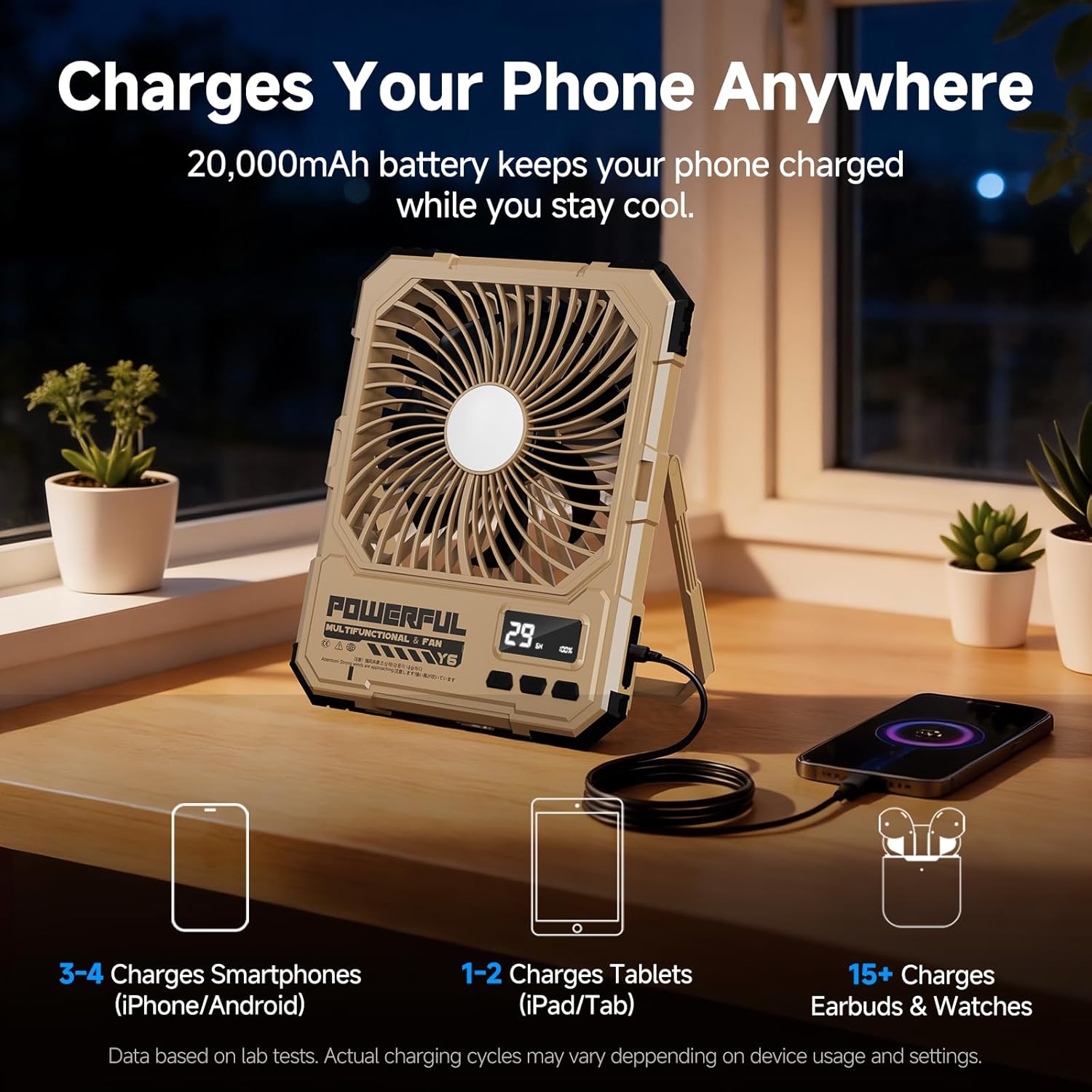 20000mAh Portable Travel Fan For Cruise, Ventilador Rechargeable Fan With Light,USB Rechargeable Camping Fan For Travel Tent (Khaki)