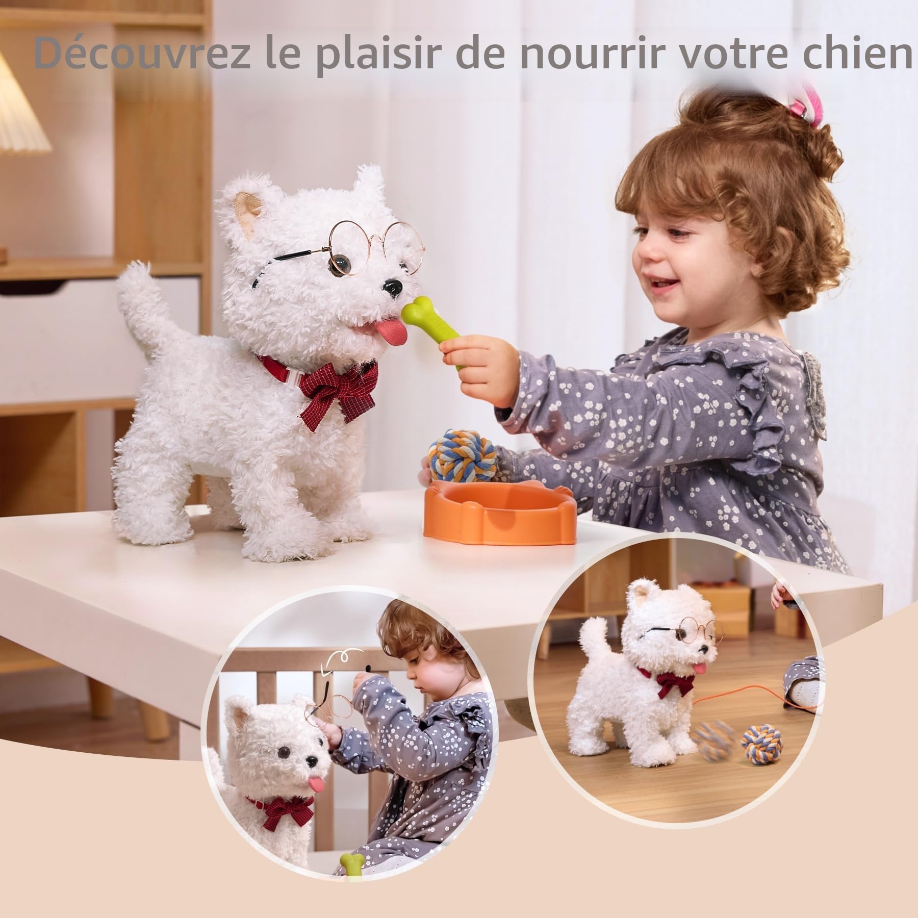 TUMAMA Chien Interactif Jouet Enfant Fille 3 4 5 6 Ans, Peluches et Animaux Interactifs, Chien Robot Peluche Interactive, electronique Chien Qui Marche et Aboie en Laisse et 6 Chansons, Peluche Cadeau
