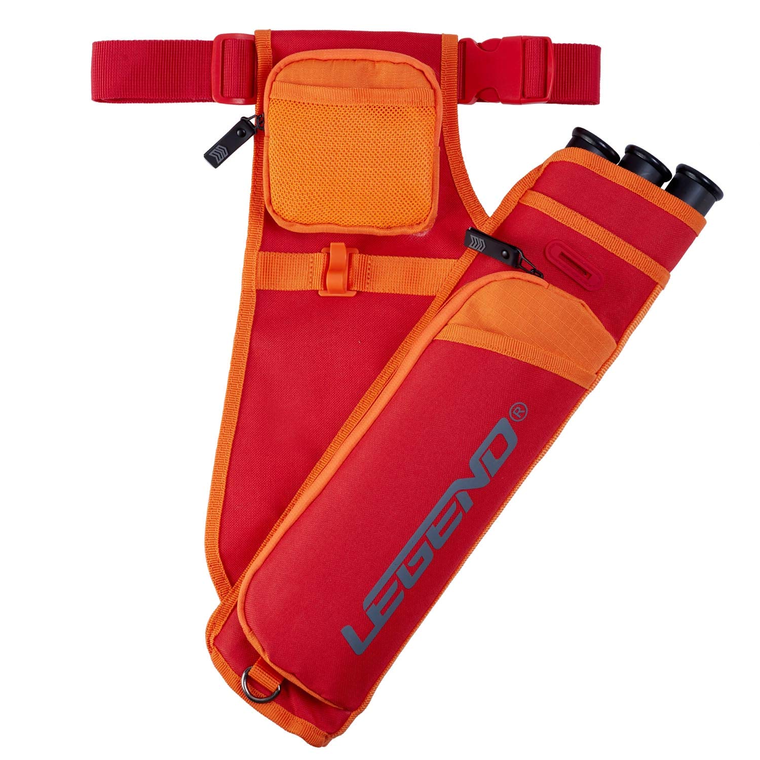 Legend First Archery Quiver Case for Arrows - Target Shooting Hip Quivers with Adjustable Belt & 3 Arrow Tubes - Durable T-Slot & Storage Pockets for Accessories & Score Card - Right Hand - Red