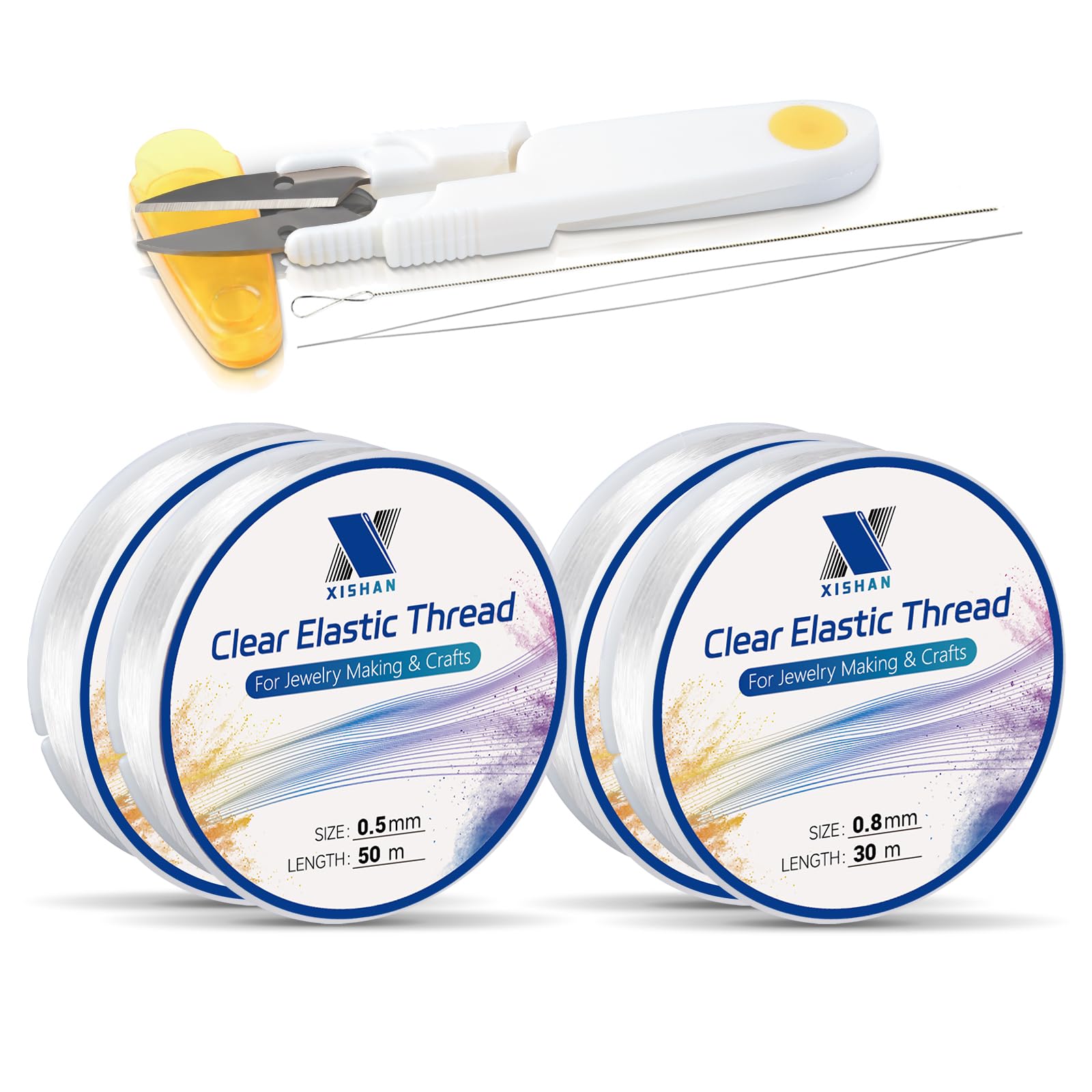 XISHAN Pack of 4 Clear Elastic Bracelet String for DIY Jewelry Making - 160m (0.5mm x 50m x 2, 0.8mm x 30m x 2) Stretchy Elastic Thread for Crafts