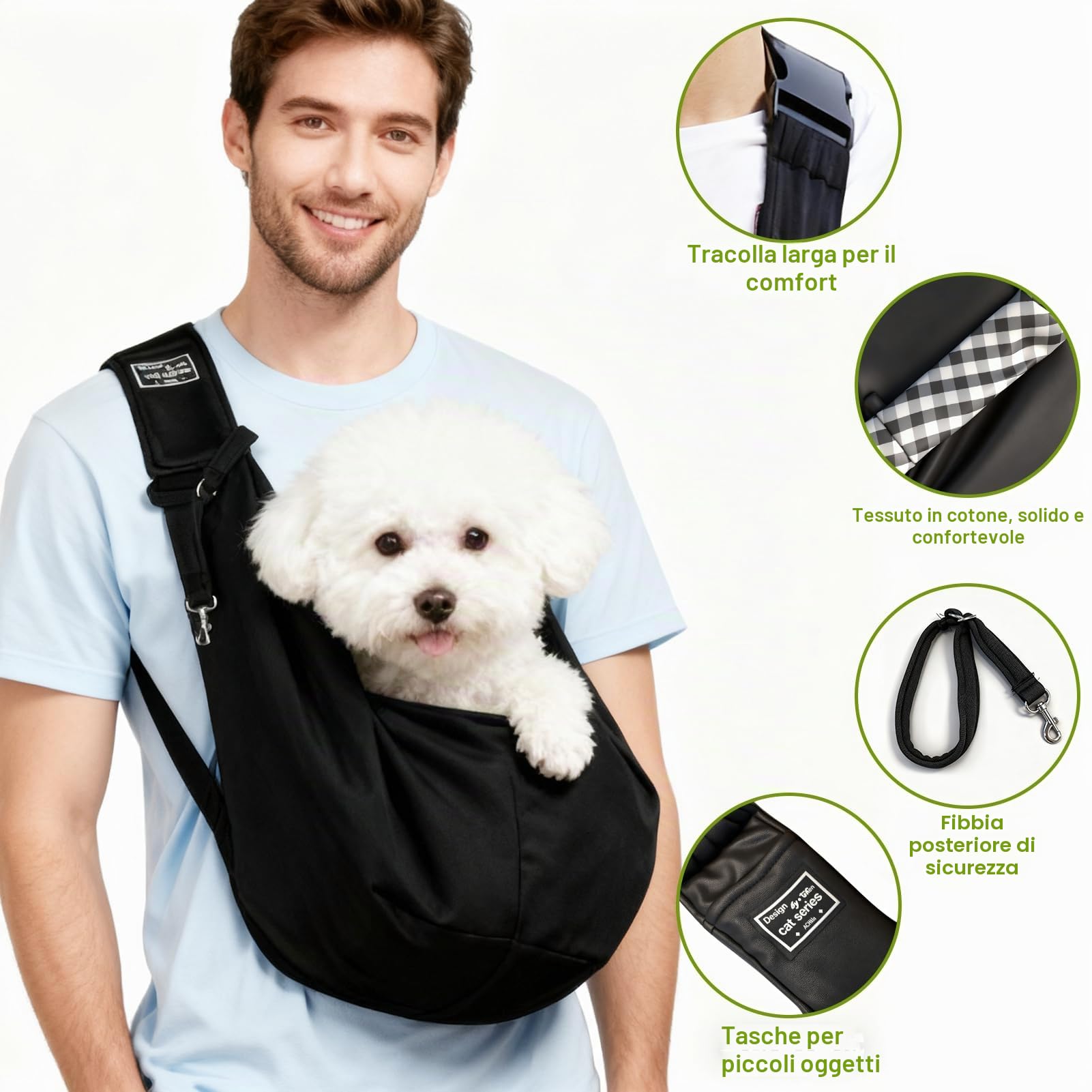 Borsa da Viaggio per Cani, Regolabile Borsa da Trasporto per Cani Piccoli, Cross-Body Pet Sling Carrier con Gancio per Cane Gatto Fino a 7.5 KG, per Viaggio, Ciclismo, Passeggiata, Nero