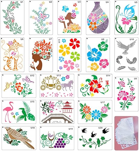 Rolin Roly 20 plantillas de flores, plantillas de pintura de pájaros, ramas de árbol de pájaros, plantillas de dibujo de hojas de flores, plantillas