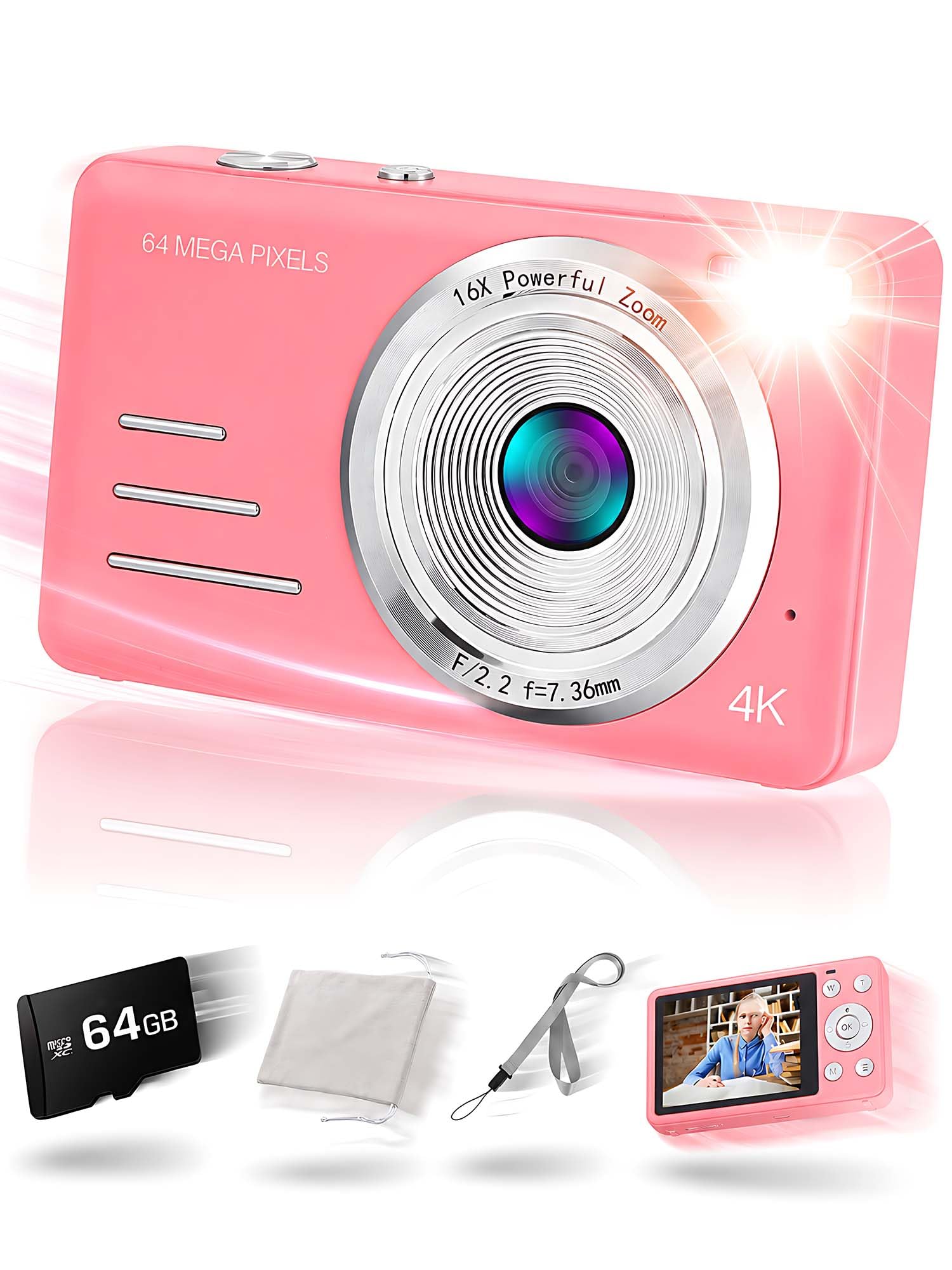 Fotocamera digitale 4K da 64 MP, fotocamera compatta rosa con zoom digitale 18x, schermo LCD da 2,8", scheda microSD integrata da 64 GB e batteria ricaricabile da 1500 mAh, fotocamera per