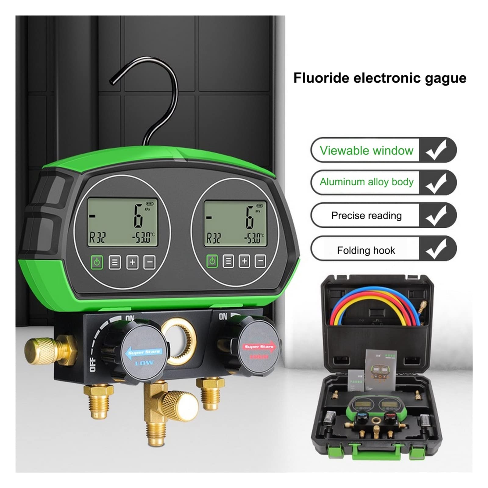 Digital Manifold Gauge Refrigeration Al vacío Temperatura Temperatura Tester Dignostic Herramienta for 90 Tipos Refrigerantes(Single dial)