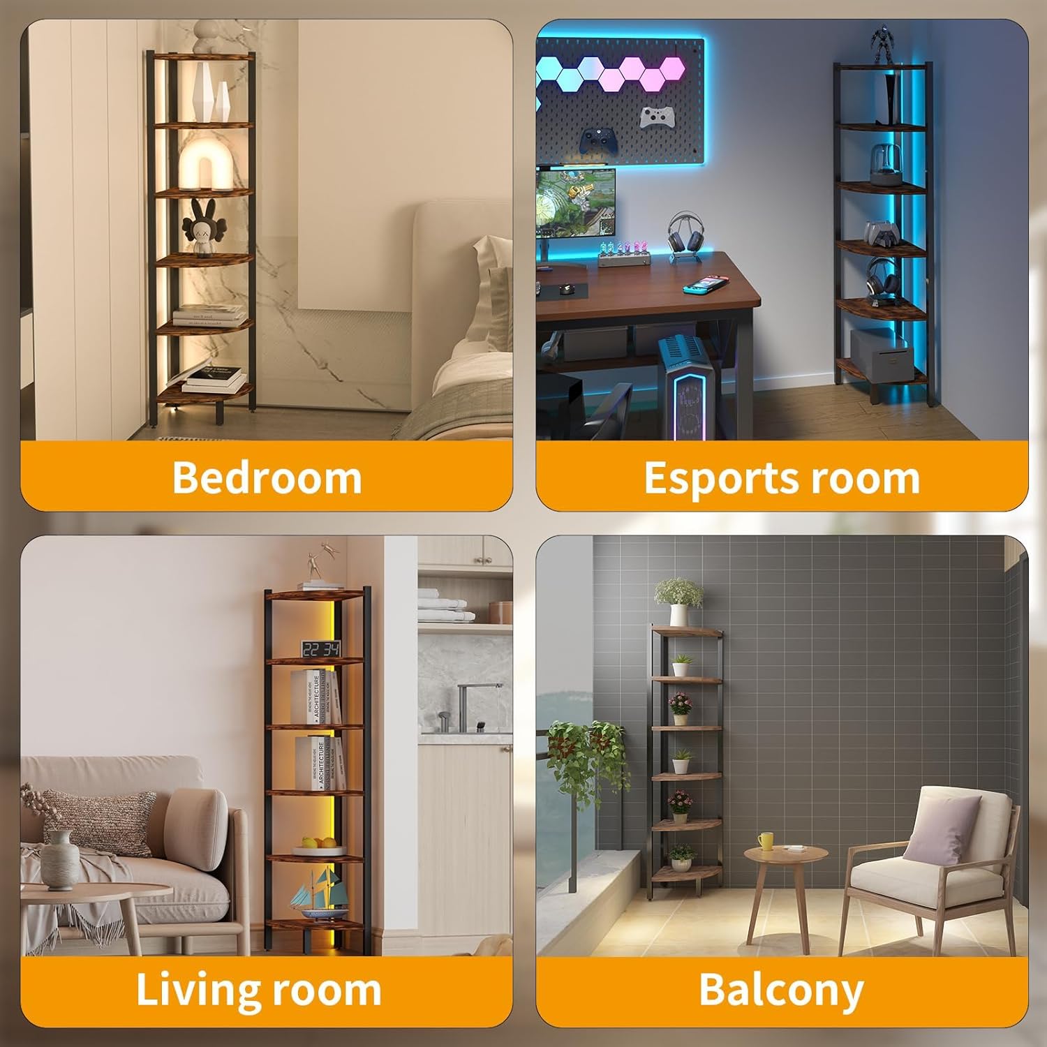 Corner Shelf with LED Lights, 6-Tier Corner Bookshelf, 66'' Organizer Book Shelf Shelves Steel Frame Display Stand with Living Room, Bedroom, Study, Black