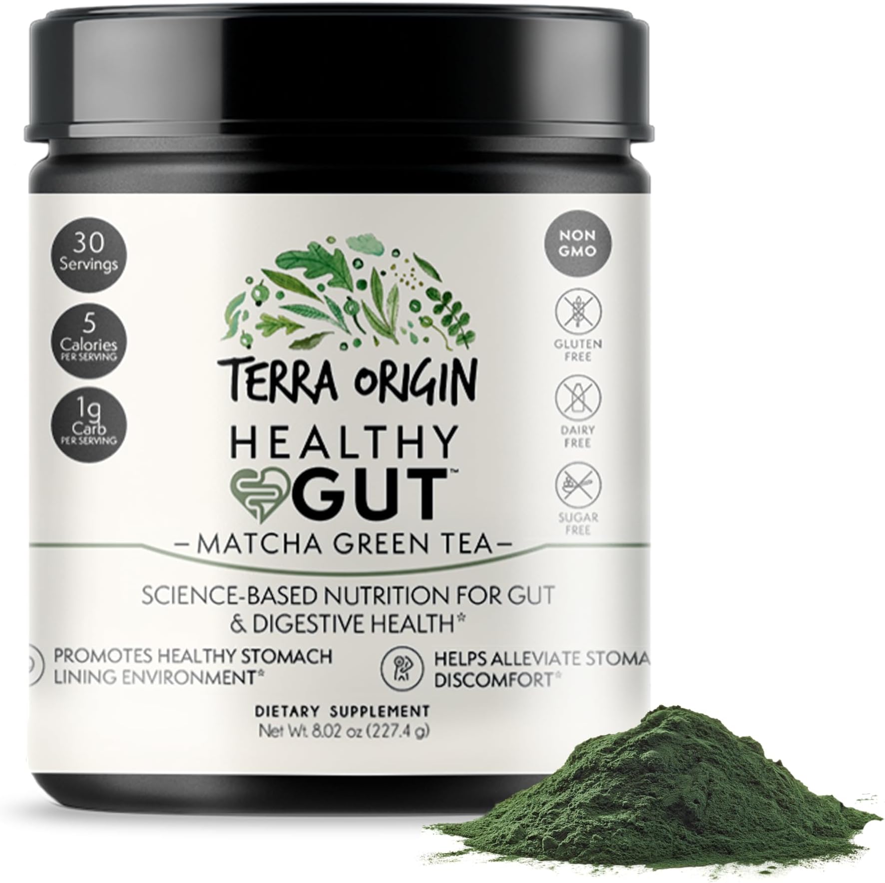 TERRA ORIGIN Healthy Gut Matcha Green Tea | 30-Servings with L-Glutamine, Zinc, Glucosamine, Slippery Elm Bark and More!