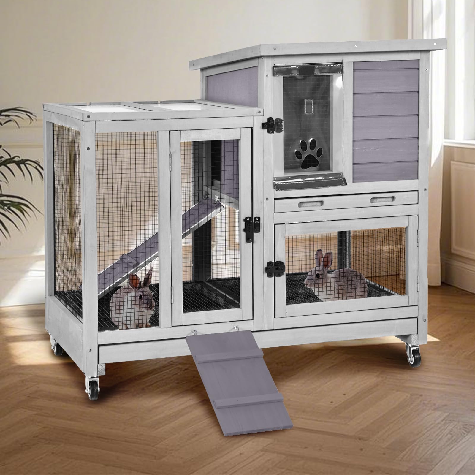 Rabbit Hutch Indoor for 2-4 Rabbits & Guinea Pigs，Bunny Cage with Slide-Out Plastic Trays，Wooden Small Animal Cage for Rabbits, Bunnies, and Guinea