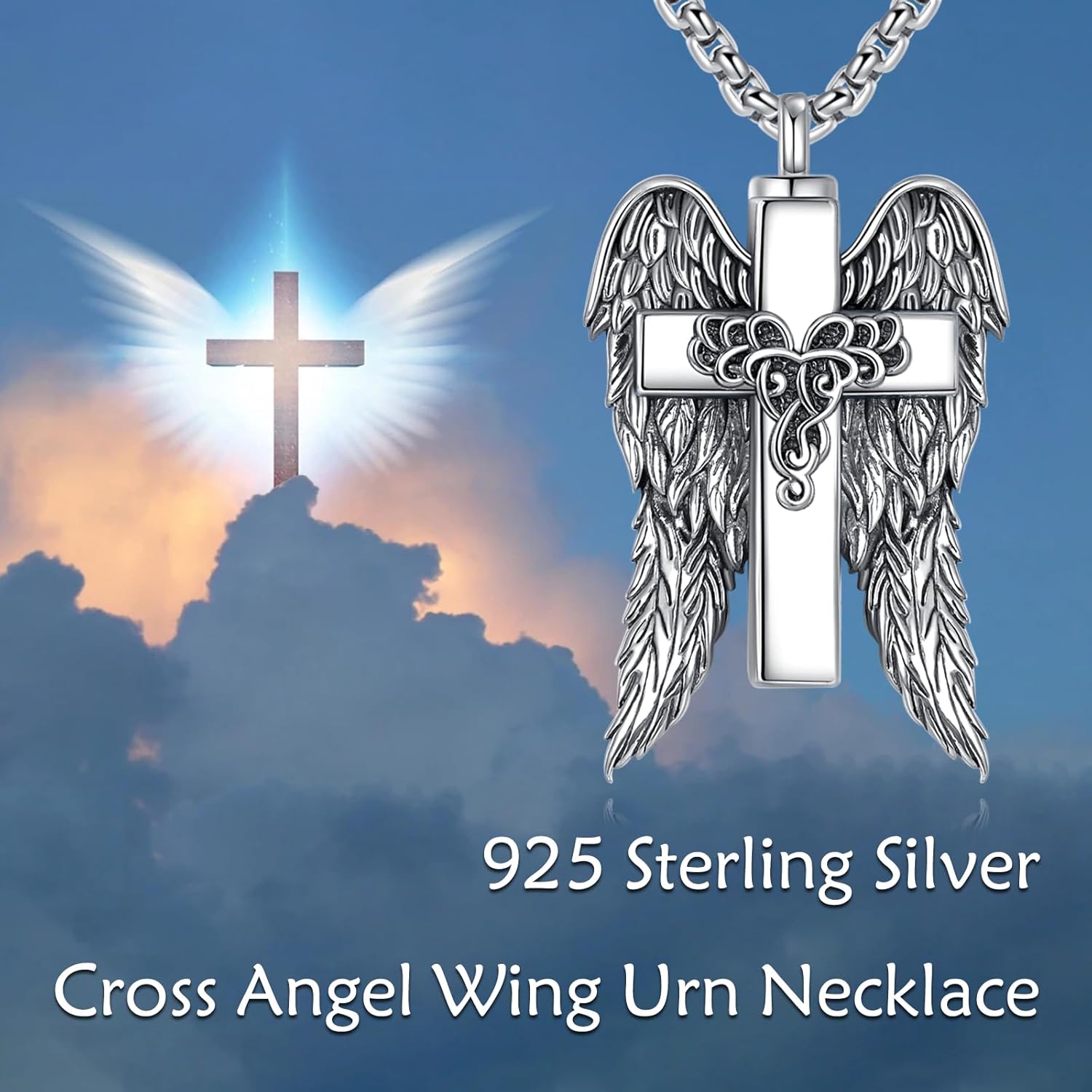 Jesus Crucifix/Angel Wing Cross Urn Necklace for Ashes 925 Sterling Silver Cross Urn Pendant Religion Necklaces Memorial Keepsake Cremation Jewelry for Men Women - Image 2