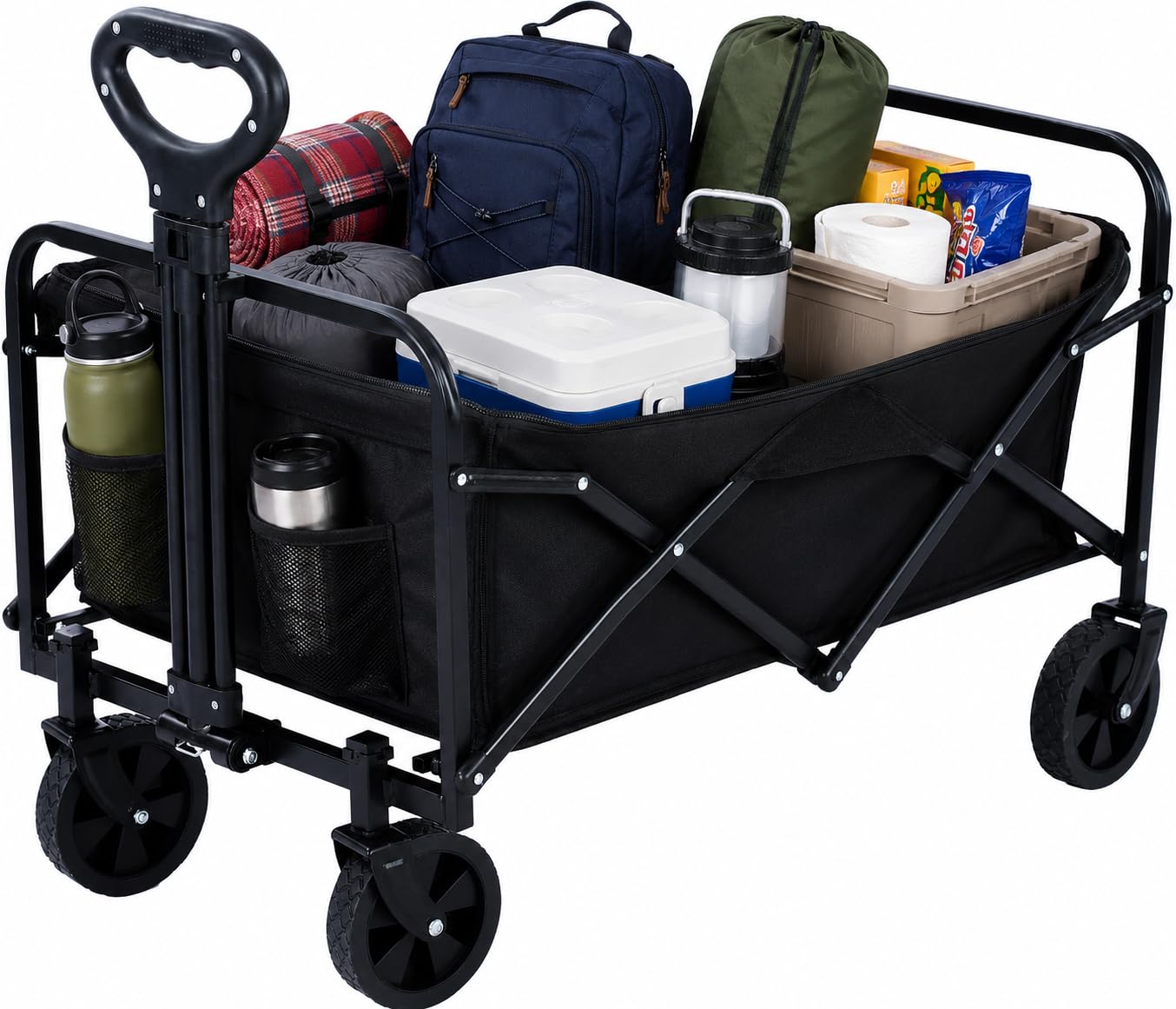 Festival Trolley on Wheels 100KG, Foldable Wagon 120L Heavy Duty Collapsible Utility Cart with Adjustable Handle for Camping, Garden, Beach, Picnic & Shopping, Black