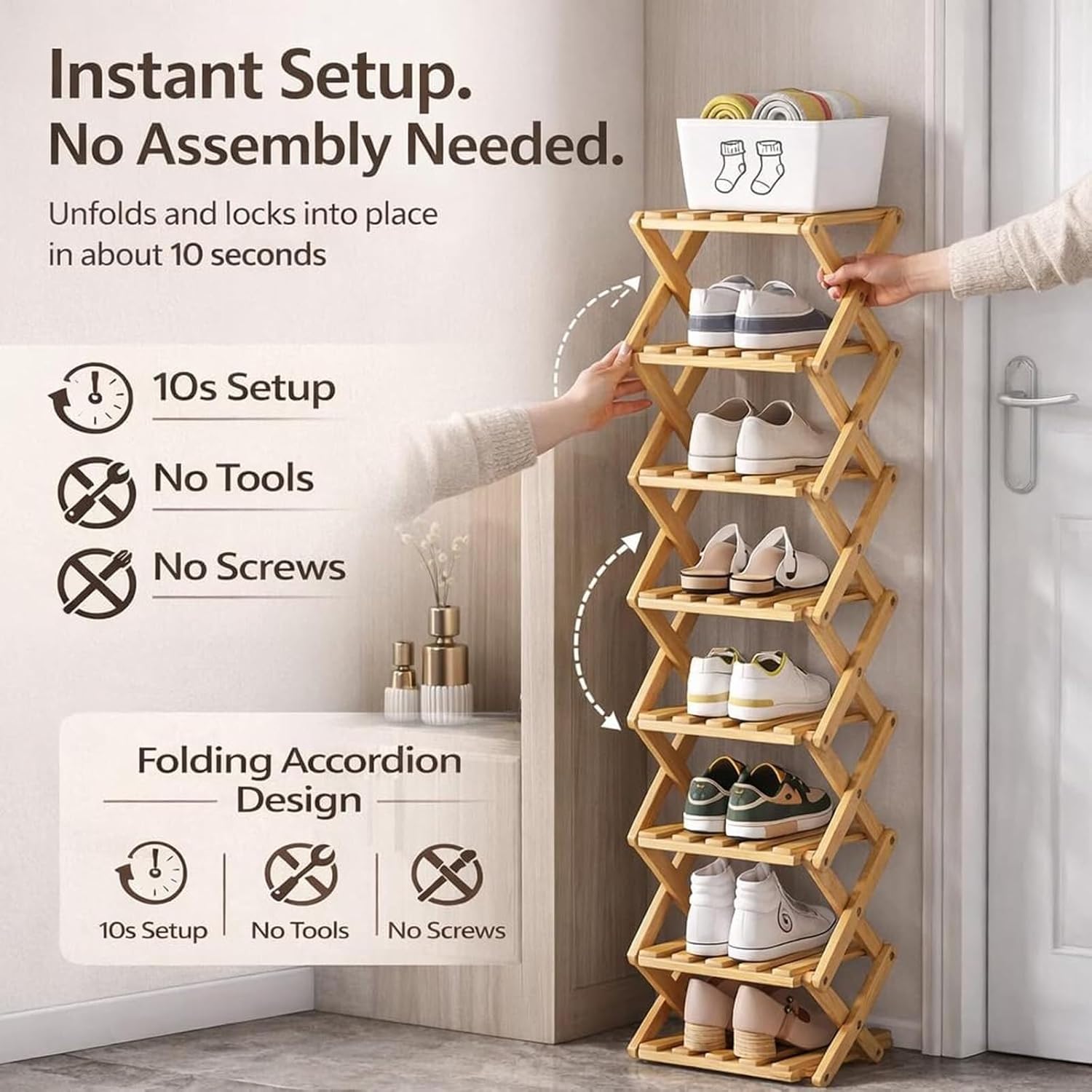 9-Tier Pre-Assembled Bamboo Storage Shelf—Ideal for entryways, Corners, bedrooms, and Balconies; Requires no Installation and Features a Portable, Foldable Design.