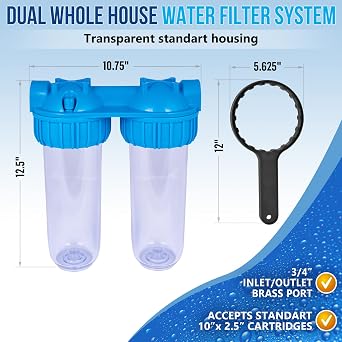 Dual Whole House Water Filter System, Transparent Standard Housings, Presser Relief Valve, 3/4 Inlet/Outlet Brass Port, Yearly supply of Sediment & Carbon Cartridges Meets NSF Standards & Regulations