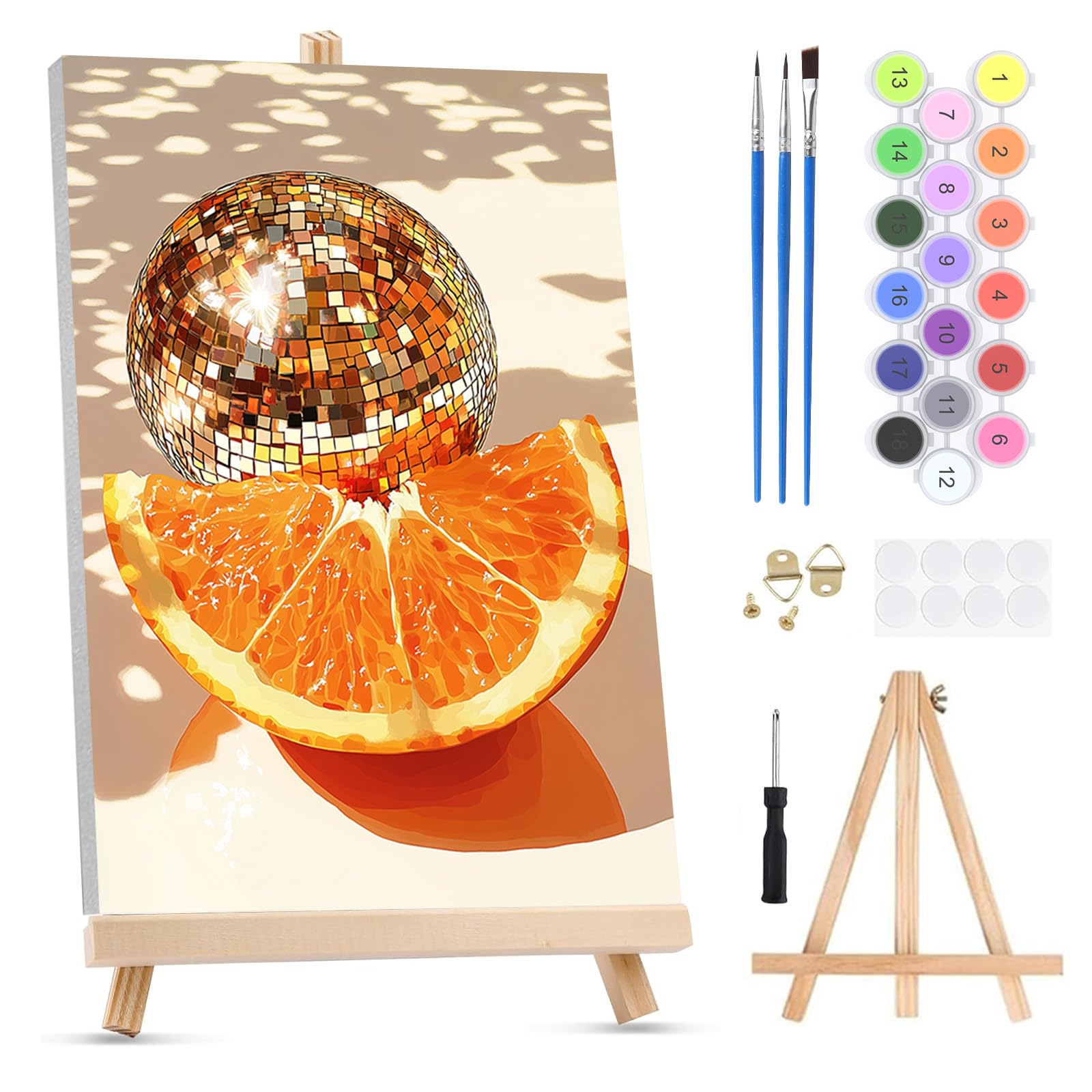 QENSPE Paint by Numbers for Adults on Framed Canvas - with Wooden Easel, Disco Ball Painting by Number Kit for Beginners, DIY Orange Acrylic Oil Painting for Home Wall Decor (8x12 inch)