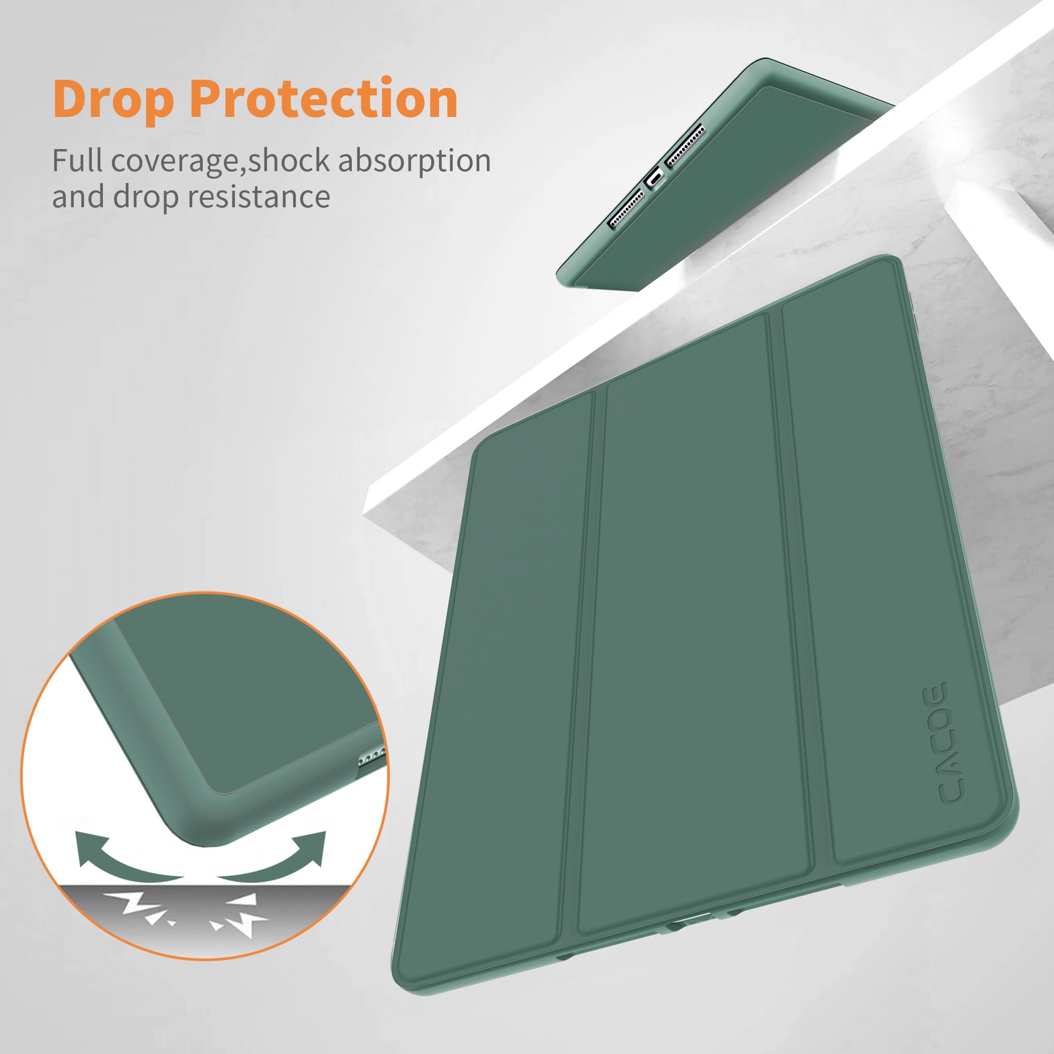 CACOE Cover Custodia Compatibile con iPad 9a Generazione 2021/iPad 8a Gen 2020/iPad 7a Gen 2019, Leggero Cover Protettivo Supporto con Pencil Holder per iPad 10.2 Auto Sveglia Sonno,Verde notte