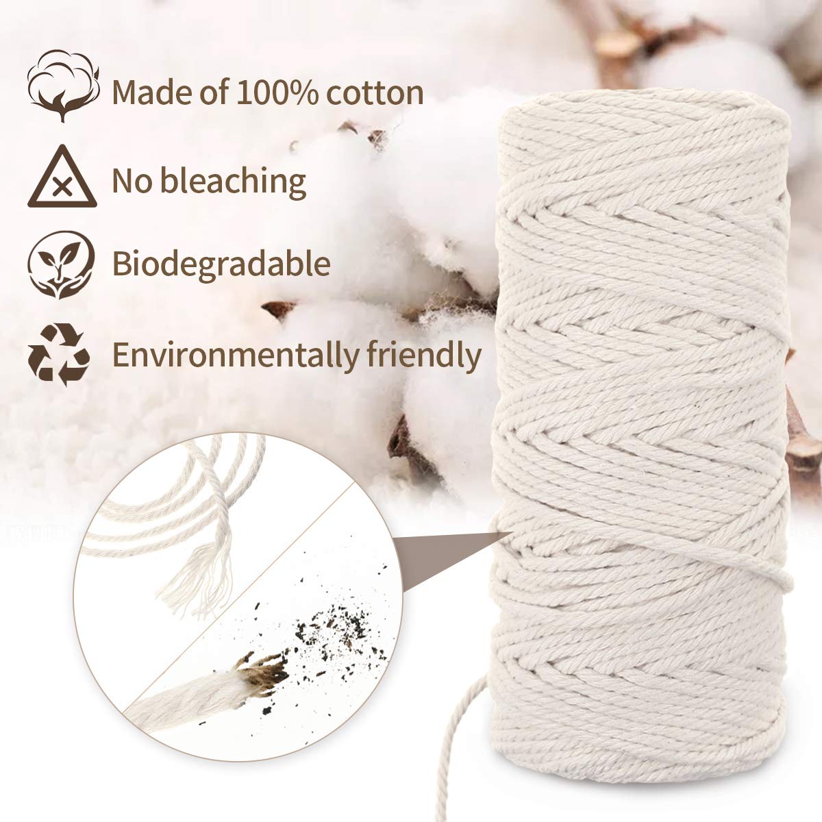 Jeteven Natural Macrame Cord 3mmx100m Cotton Cord With 8pcs Wood