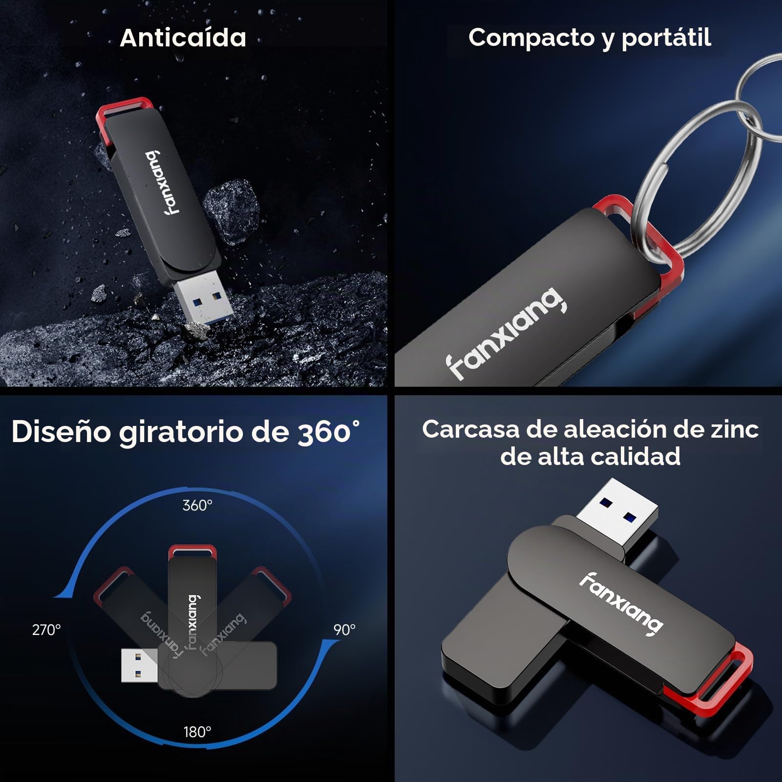 fanxing Pendrive USB 3.2 256GB x2 hasta 200 MB/s, Memoria USB de Metal, Compatible con PC, Portátil, TV y Automóvil - F309