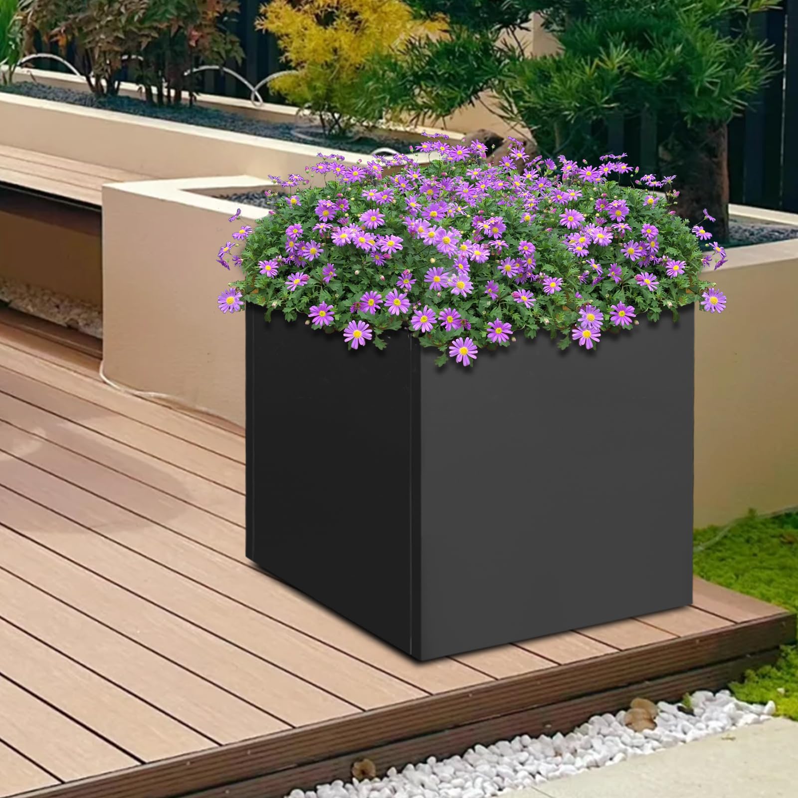 Grand pot de fleurs extérieur – 60 x 60 x 60 cm – Pot de fleurs en acier – Pour l'intérieur et l'extérieur – Jardinière pour jardins, entrées, terrasses et cours, noir