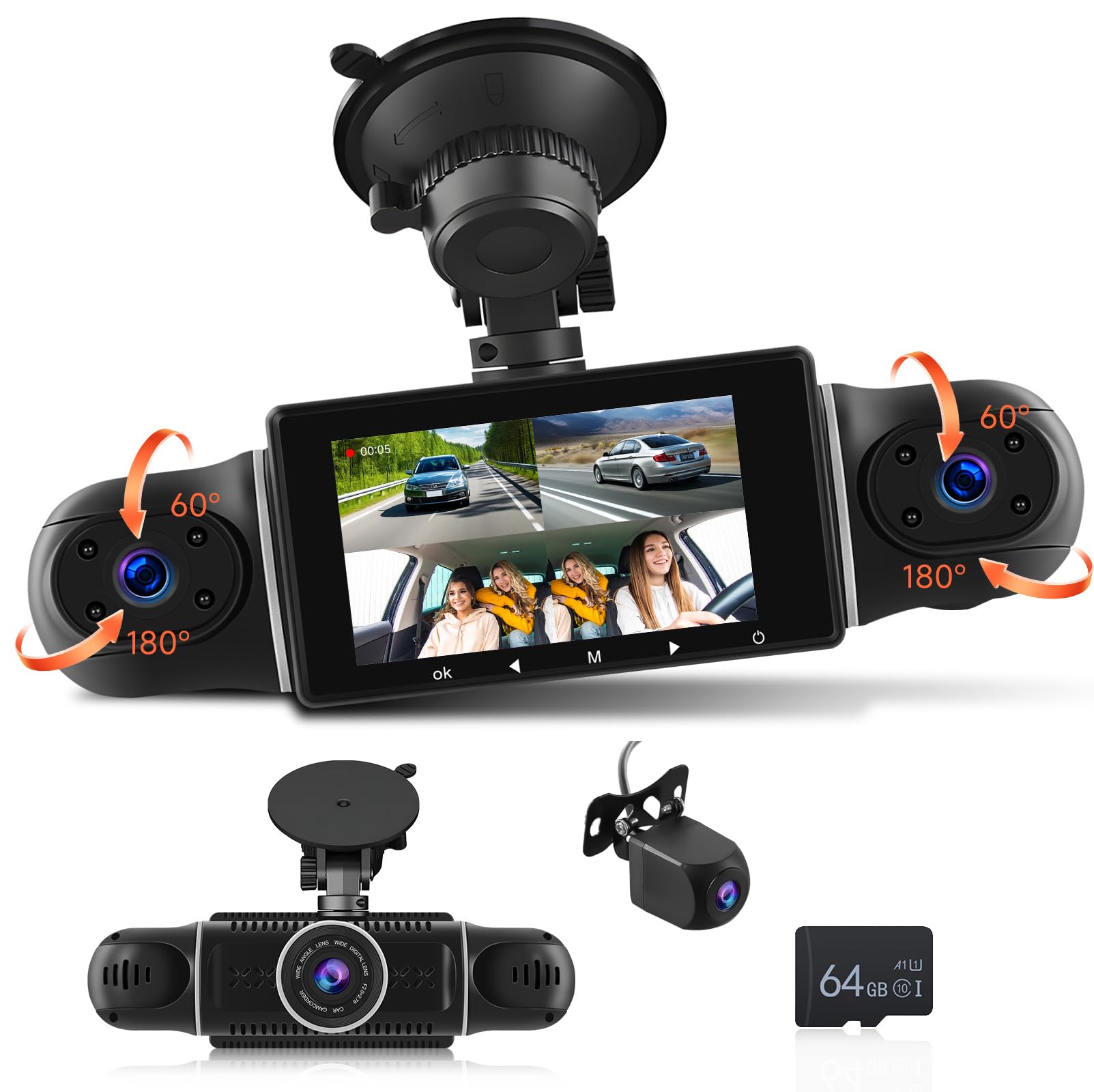 4 Telecamera HD 1080P Dash Cam per auto Podofo Display da 3 pollici Videoregistratore digitale con telecamera posteriore, controllo APP WIFI +scheda da 64 GB, sensore G, visione notturna