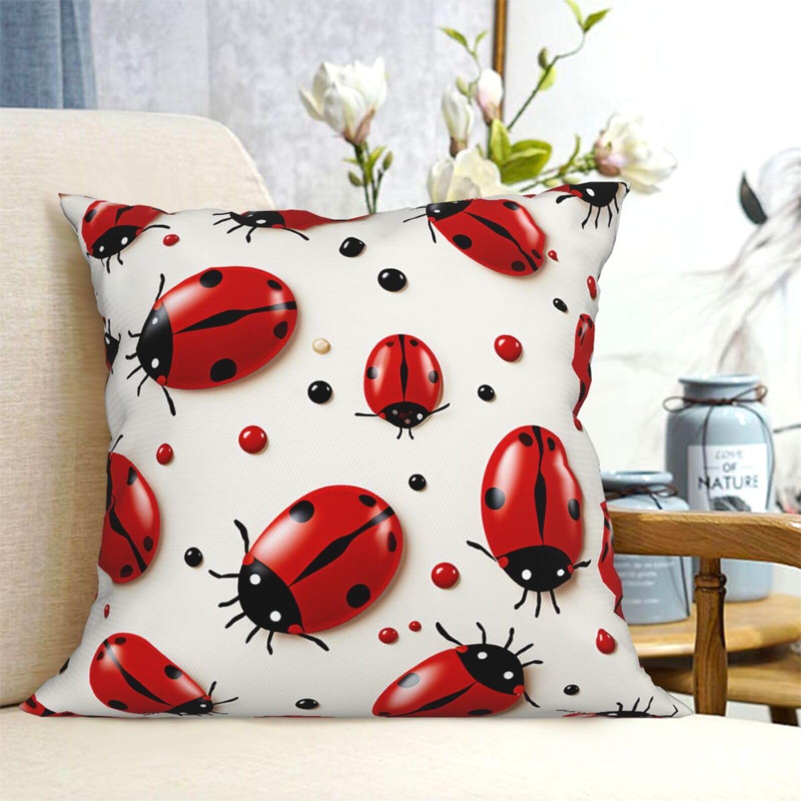 Fodpand Black Decorative Throw Pillow Covers 16"X16" Red Ladybug Cushion Cases Square Modern Farmhouse Pillow Cases Soft Cozy Cushion Covers For Couch Sofa Bedroom Home Decor Pillowcase