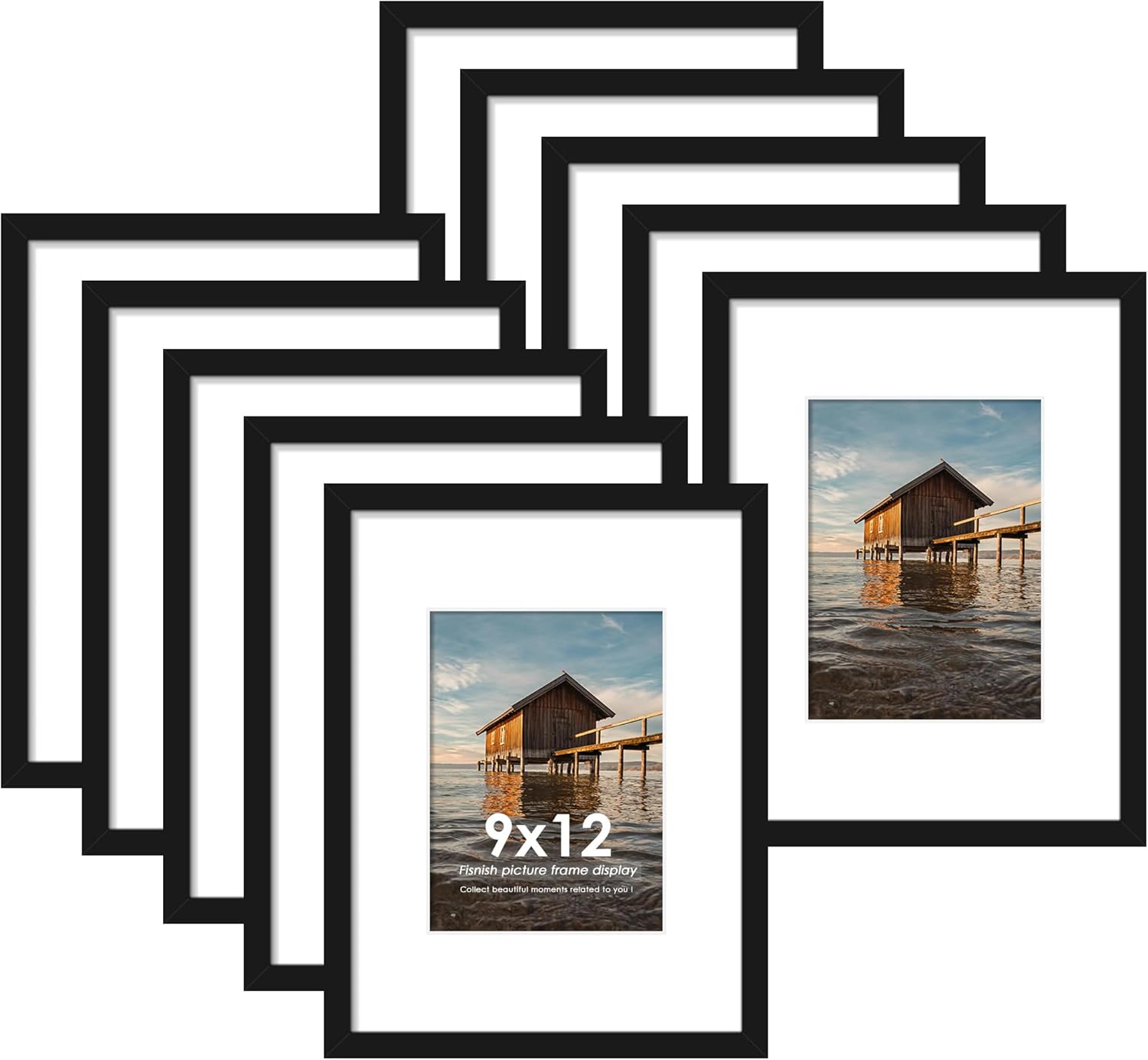 9x12 Picture Frame Sef of 10, Display Pictures 6x8 with Mat or 9 x 12 Without Mat, Photo Frame Collage for Wall Gallery Decor, Wall Mounted, Black Black 9x12