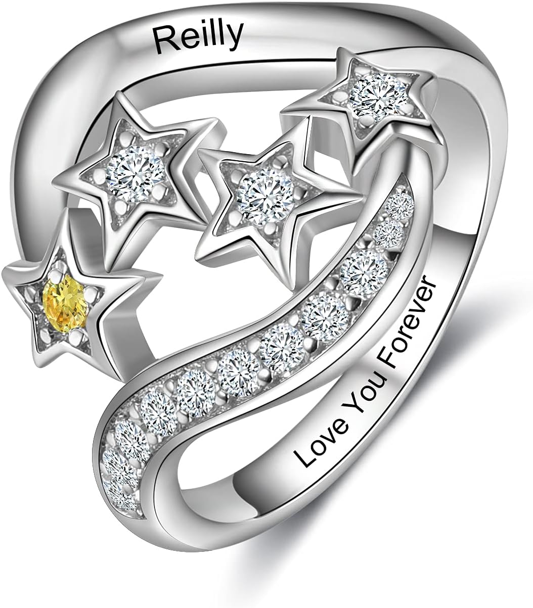 Sterling Silver Personalized Mothers Ring with Birthstones Engraved Names Star Promise Ring for Women Grandma Mom Wife Jewelry Gifts Birthday Mothers Day