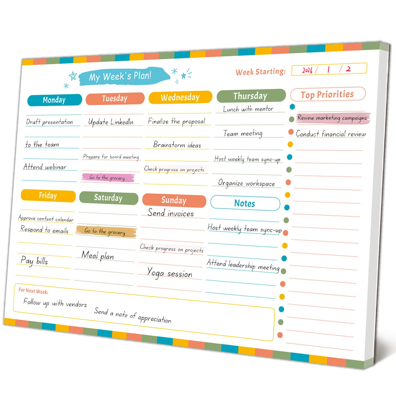 Weekly Planner, A4 Desk Pad 52 Tear-Off Sheet Undated Daily Study Notepad