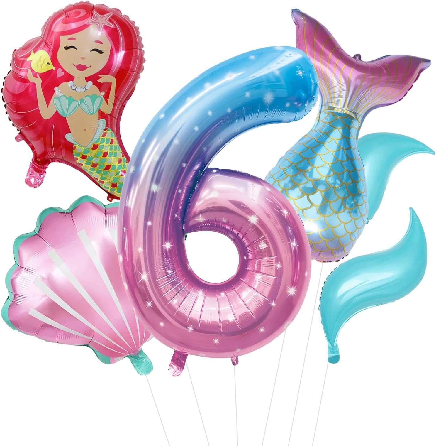 Mermaid Party Balloon Set - Polyester Film Mermaid Character, Tail, Shell, and 6-Year Old Balloon | Underwater Birthday Decoration, Suitable for Girls' Mermaids themed Parties (6th)