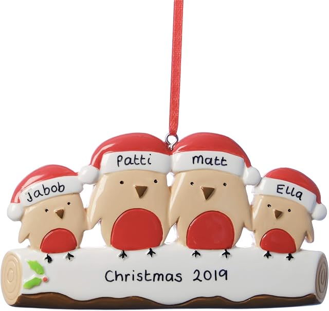 Alphabet barn Personalised Christmas Decoration Robin Xmas Gift Ornament Resin Keepsake First Christmas Family of 4 Present Idea (4 robins on log)