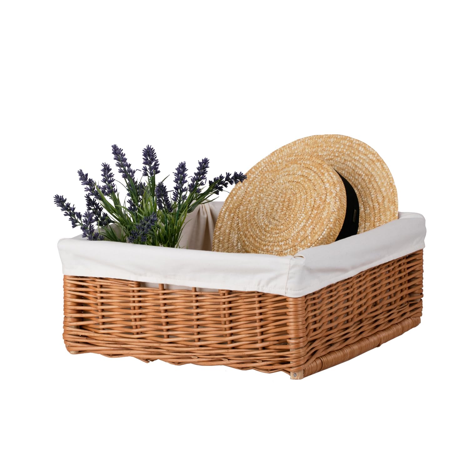 Aufbewahrungskorb, Weidenkorb zum Präsentieren von Brötchen, Präsentationskorb, Tablett, Kiste, Weidenkorb, rechteckig, hell (60 x 40 cm, H12 Futter)