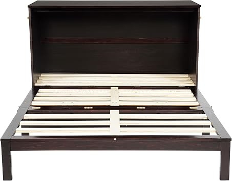 PVWIIK Queen Size Murphy Bed with Large Drawer&USB,Espresso | Pine Wood Folding Chest Bed with Rattan Panel, Space-Saving Wall Bed