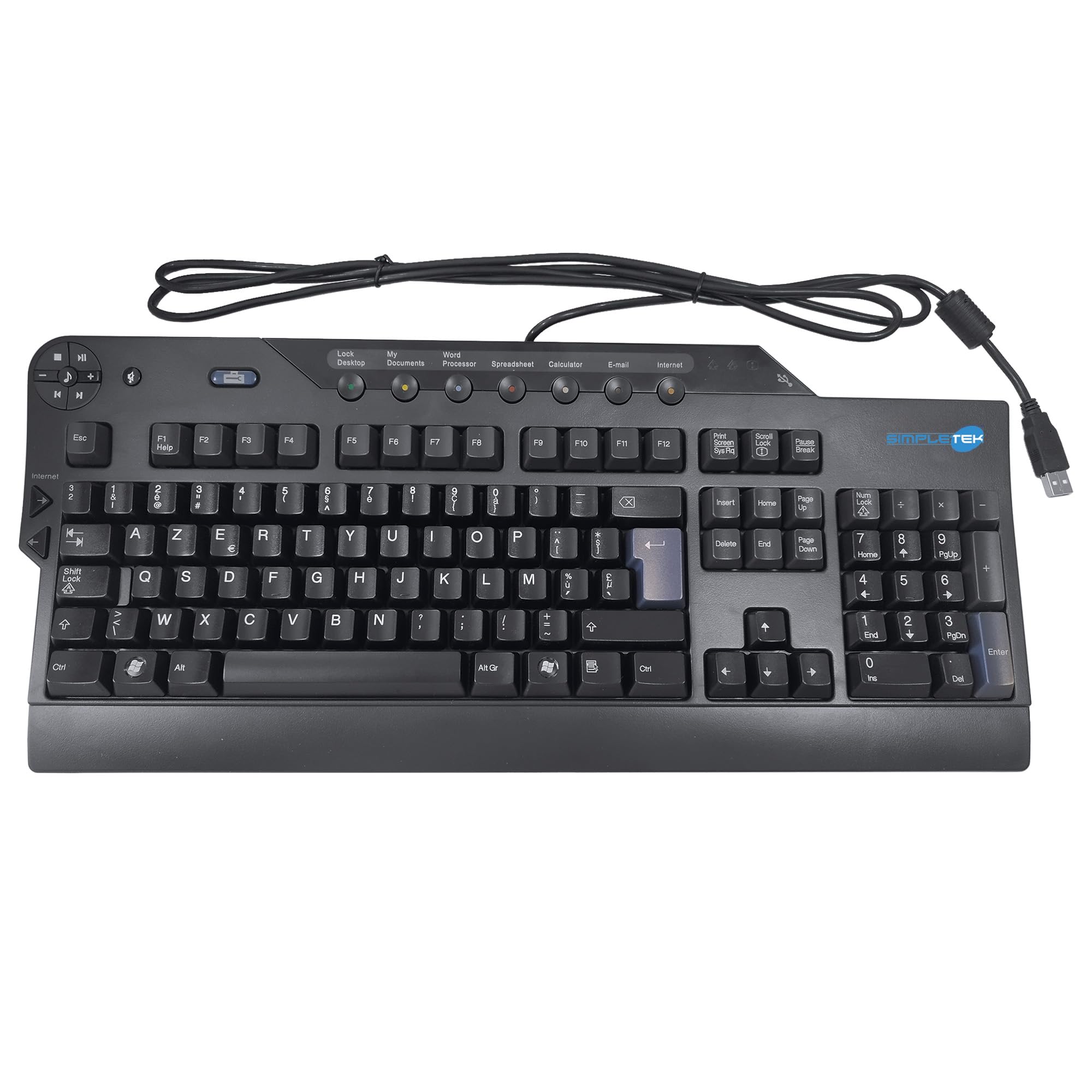 SIMPLETEK - Tastiera Multimediale USB AZERTY Belga BE Hub Poggiapolsi Nera | Tastiera programmabile USB con layout AZERTY belga, hub USB integrato per periferiche, poggiapolsi e profilo multimediale
