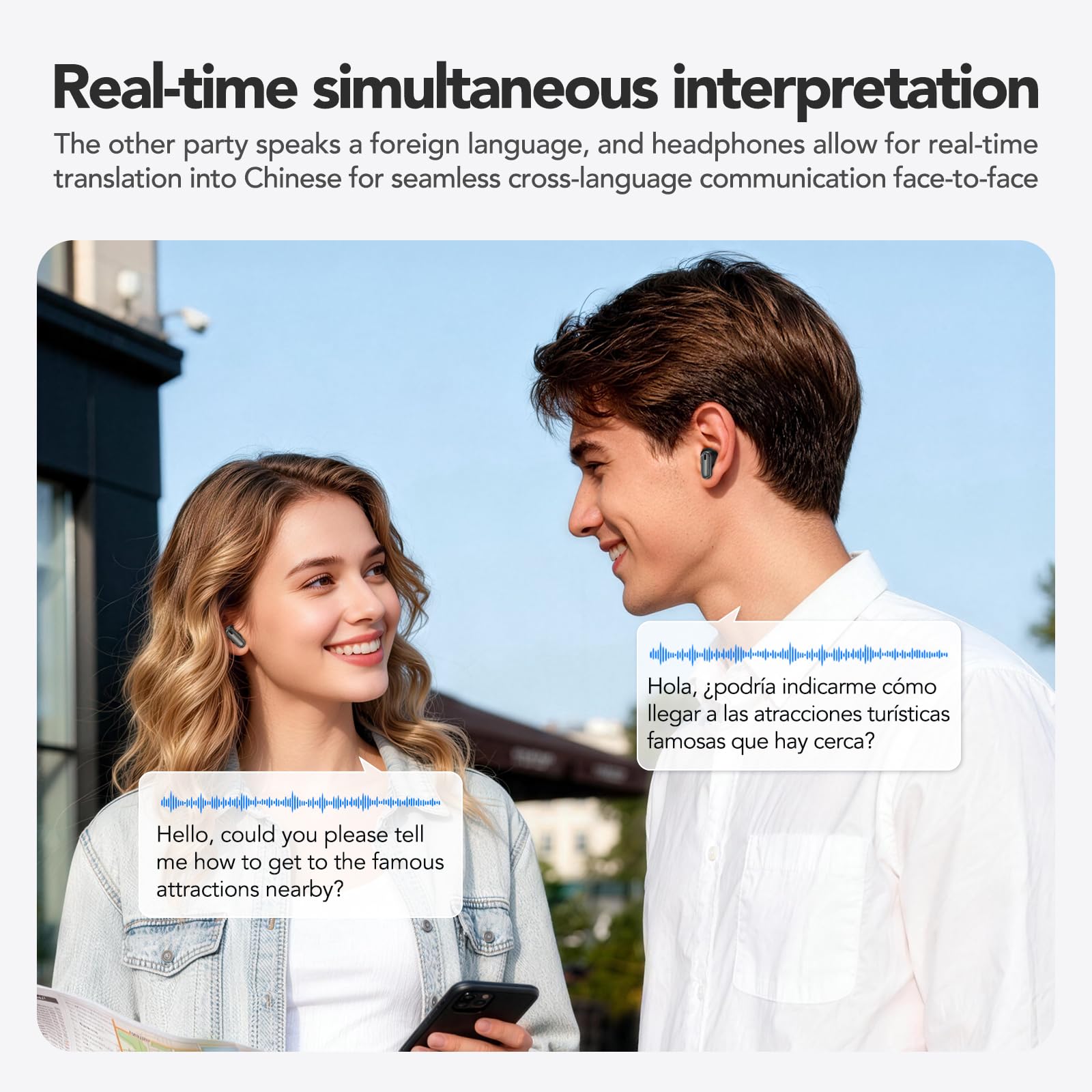Écouteurs Traduction Instantané 134 Langues Bluetooth Sans Fil avec Écran Tactile Noir