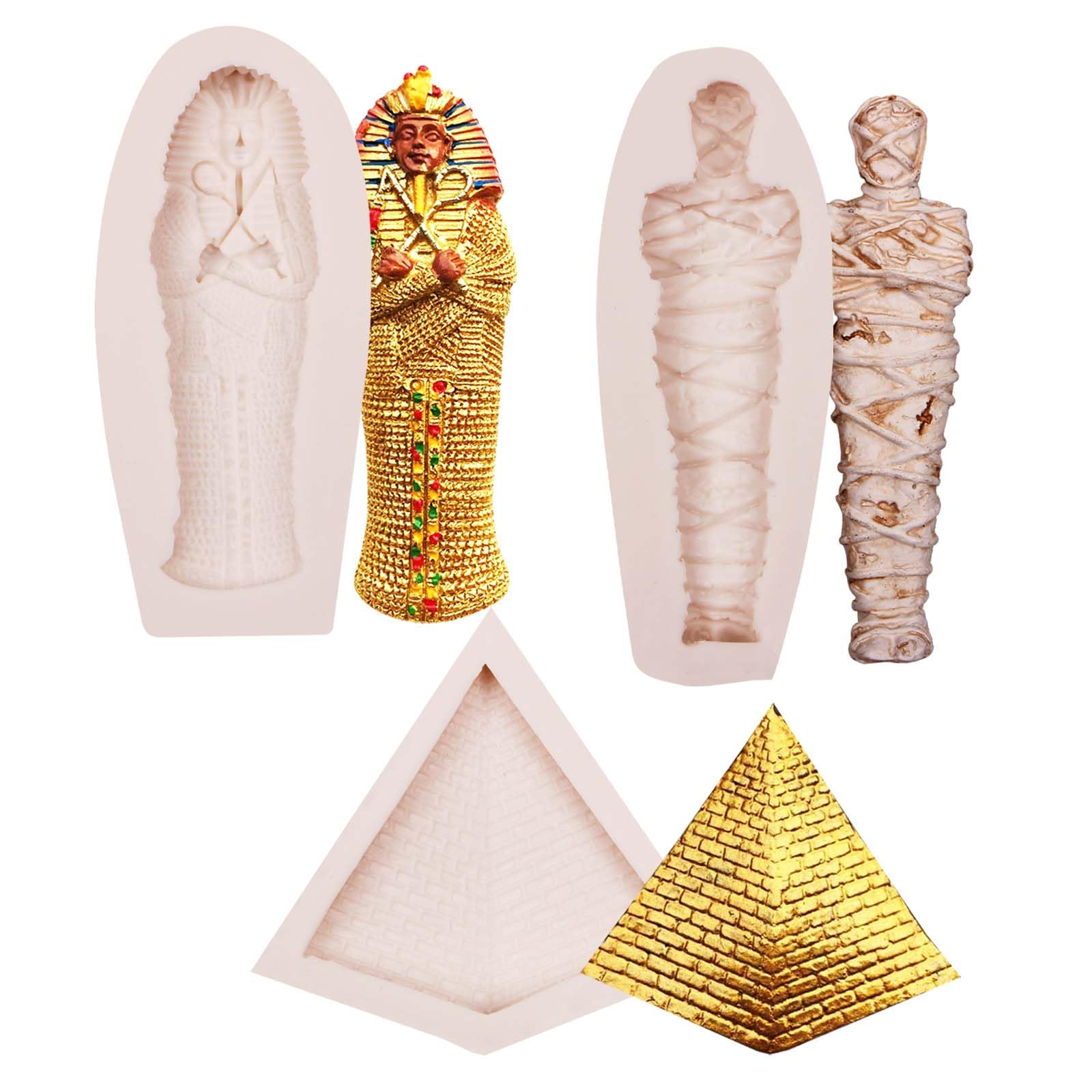 Muyulin Egyptian Mummy Silicone Fondant Molds, Set of 3, Pyramid Silicone Chocolate Molds for Baking Cake Decoration, Cupcake Toppers, Egyptian Resin, Soap Polymer Clay