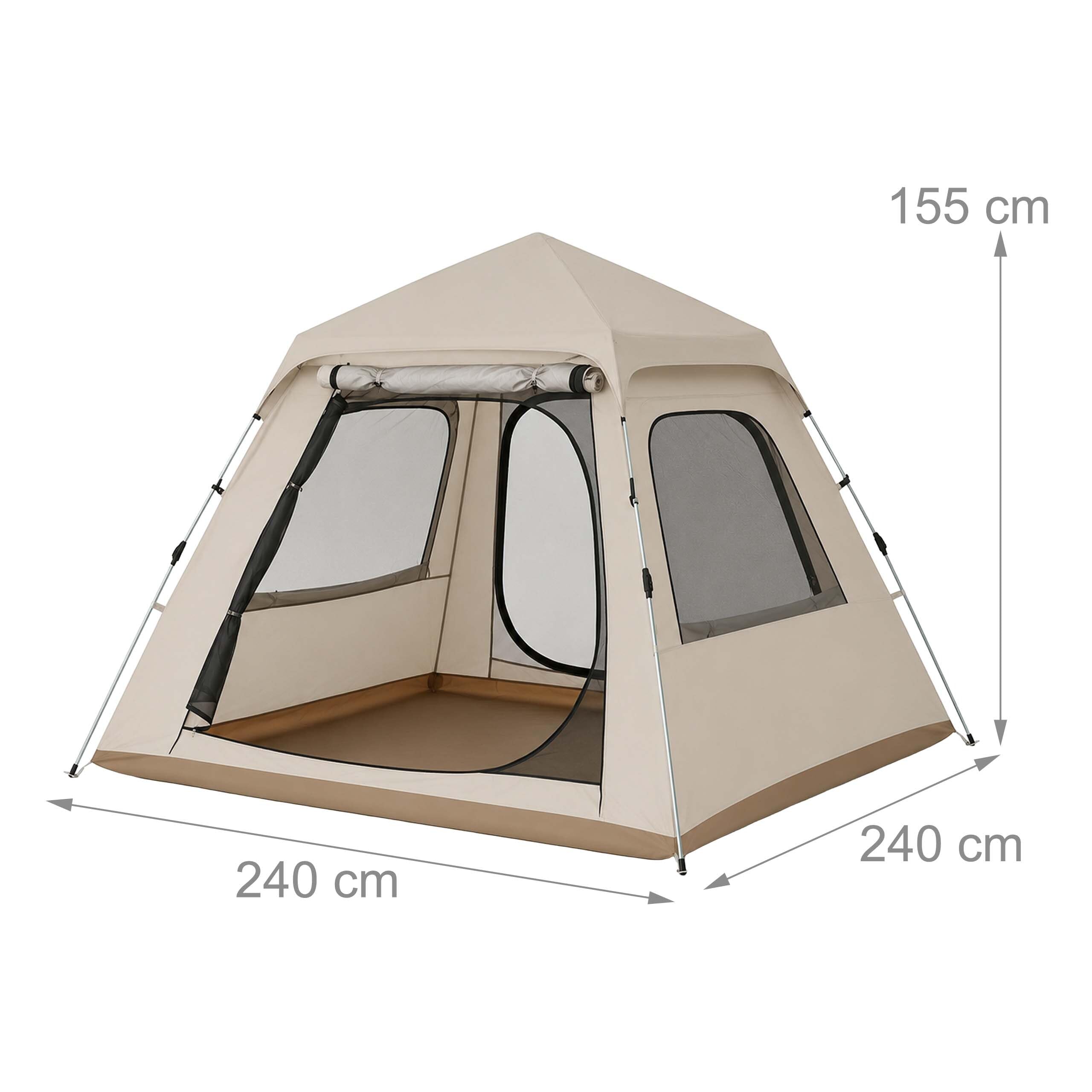 Relaxdays Tienda de campaña automática 3-4 Personas, Beige | montaje rápido, protección UV, con toldo, 155x240x240 cm