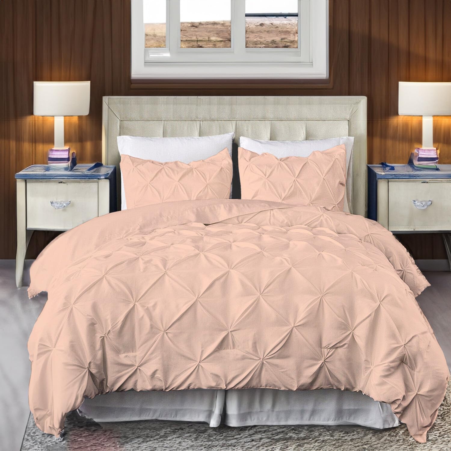 EASYCOT 800TC Diamond Pintuck Duvet Cover Set Egyptian Cotton 5 Piece Duvet Cover Set Pinch Pleat Comfortable Hotel Quality Bedding set - Peach,Single Size