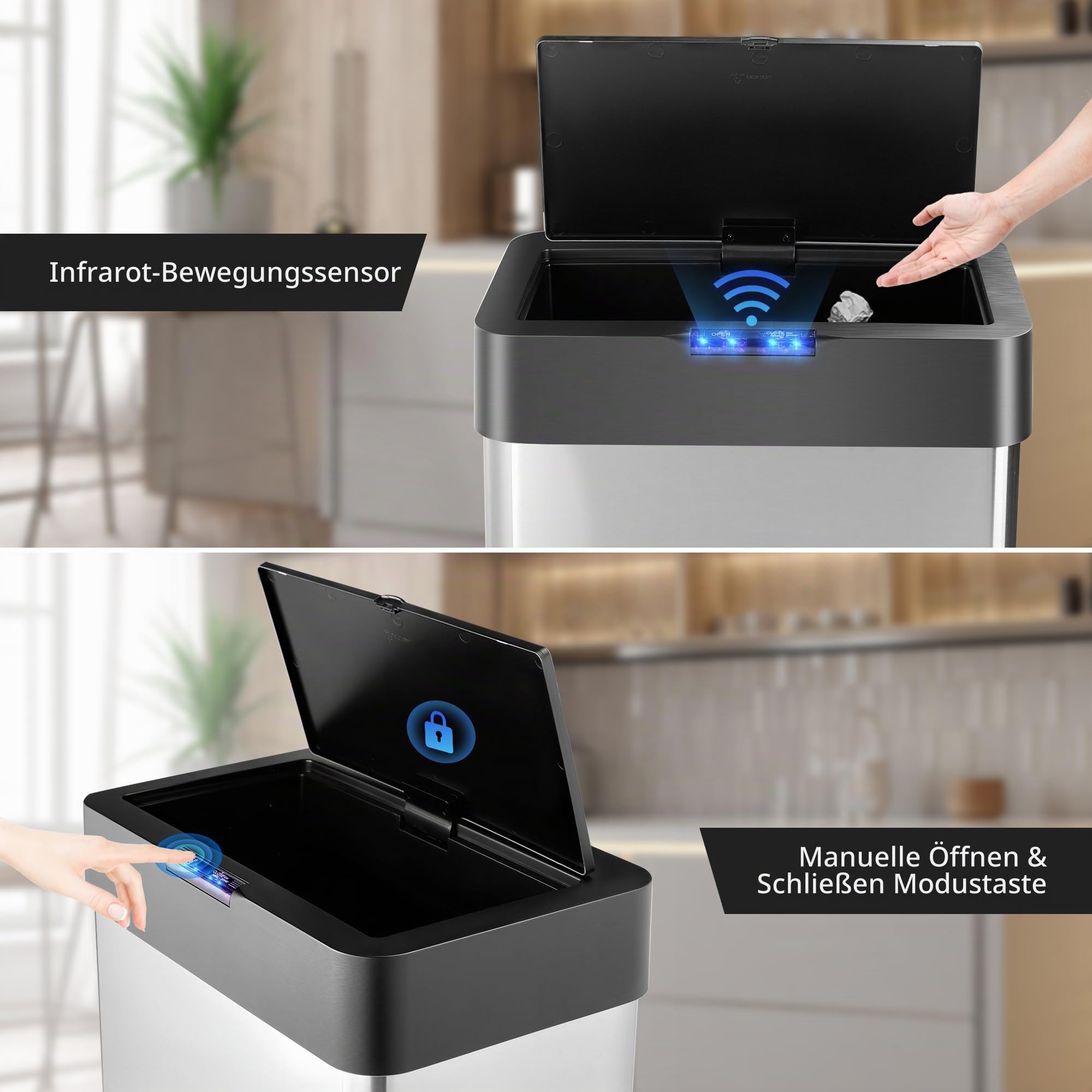 Rengue Automatischer Mülleimer, 50L Berührungsloser Bewegungssensor Abfalleimer Edelstahl Mülleimer mit Deckel für Küche, Schlafzimmer, Home Office
