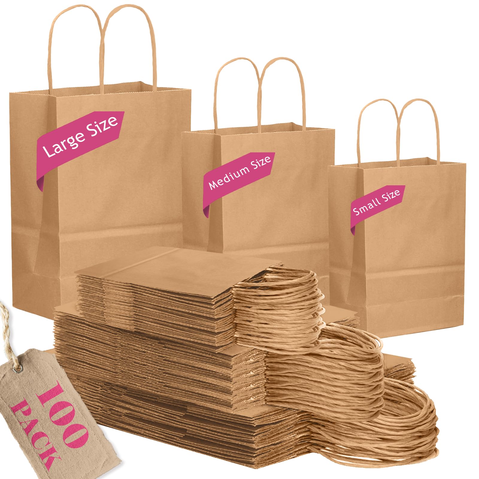 Gcardist Brown Paper Gift Bags with Handles Bulk 100Pcs Assorted Sizes (Large-33Pcs, Medium-33Pcs, Small-34Pcs)