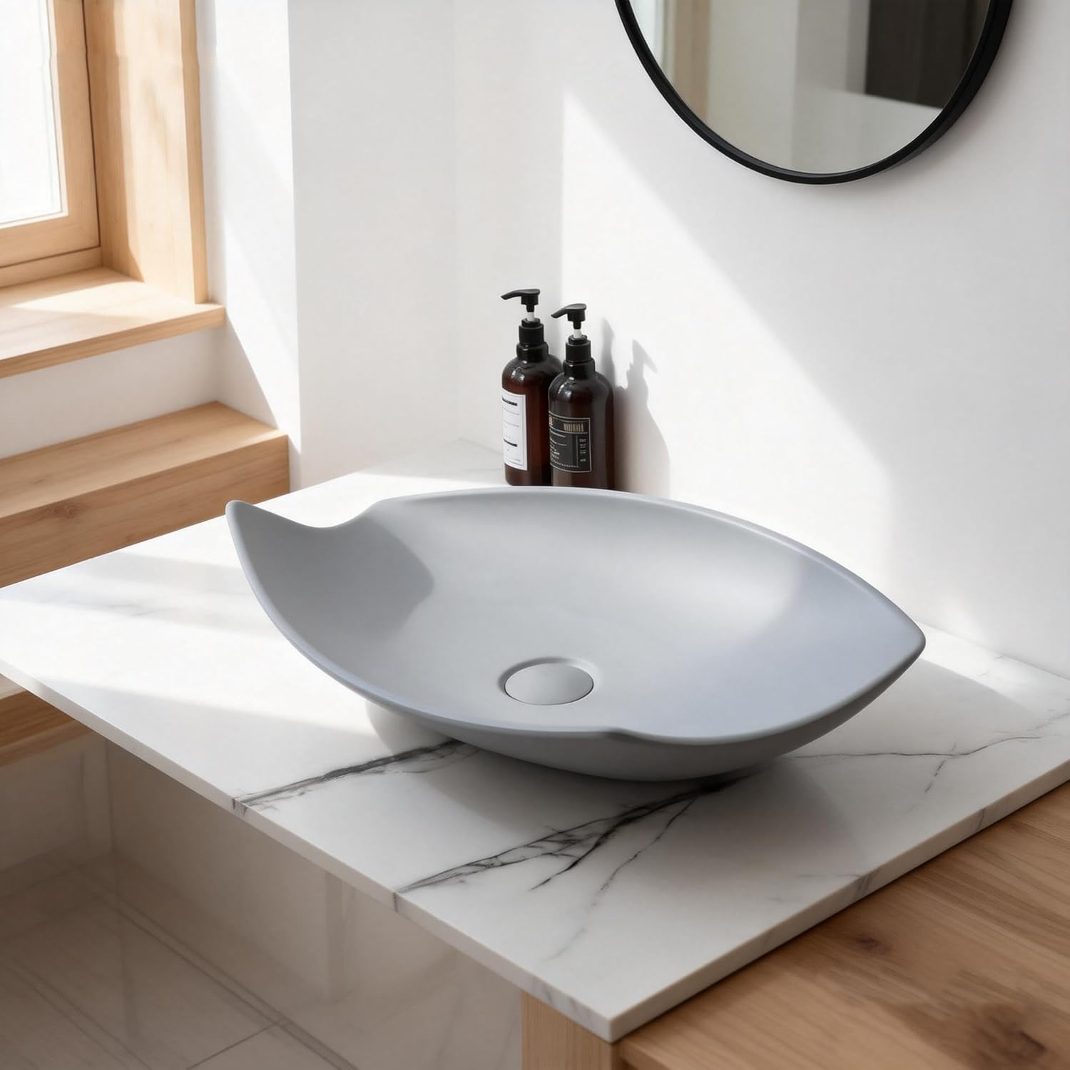 Irregular Rectangular Bathroom Sink with Drain, 22x14 Inch Gray Stone Resin Vessel Sinks Above Counter Basin Bowl for Modern Bathrooms (No Faucet)