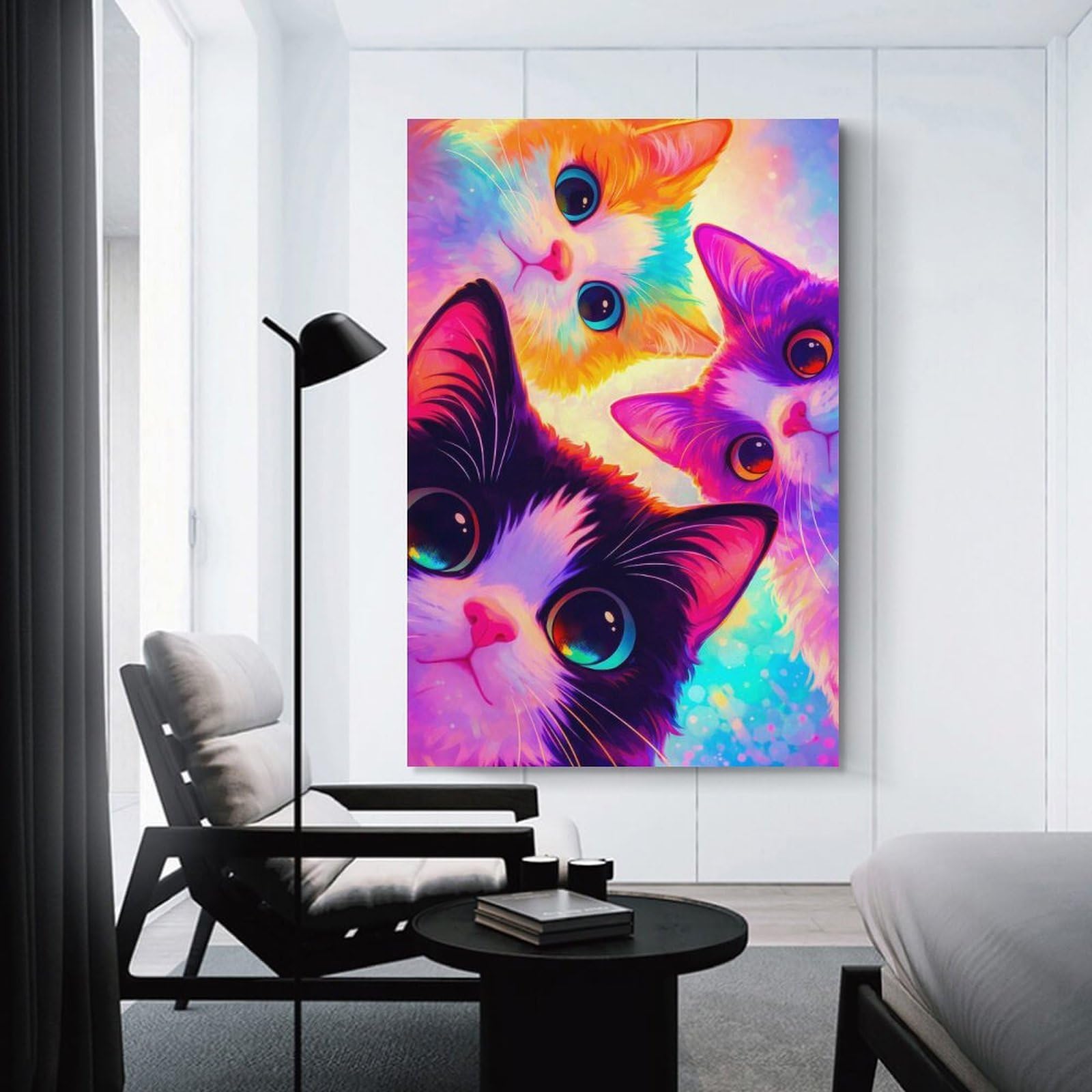 Junmoney Unframe-Style-23 Four Colorful Cartoon Cats Canvas Wall Art, 16X24inch(40X60cm), For Living Room, Bedroom, Office Or Hallway, Versatile Wall Decor For Many Rooms