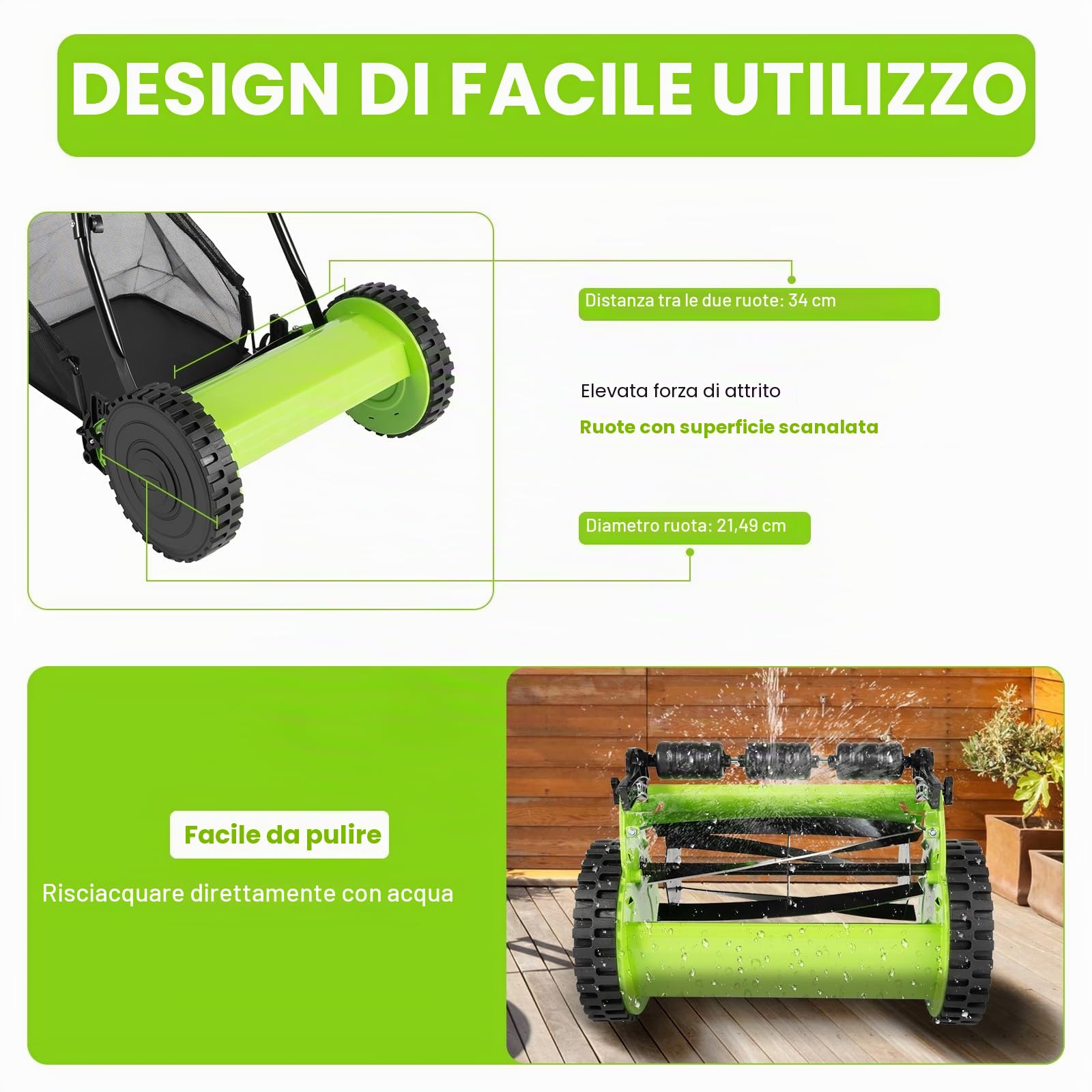 Tagliaerba manuale con larghezza di taglio di 300 mm, tosaerba con 5 lame, 23 l, capacità massima di 12-45 mm, altezza di taglio regolabile