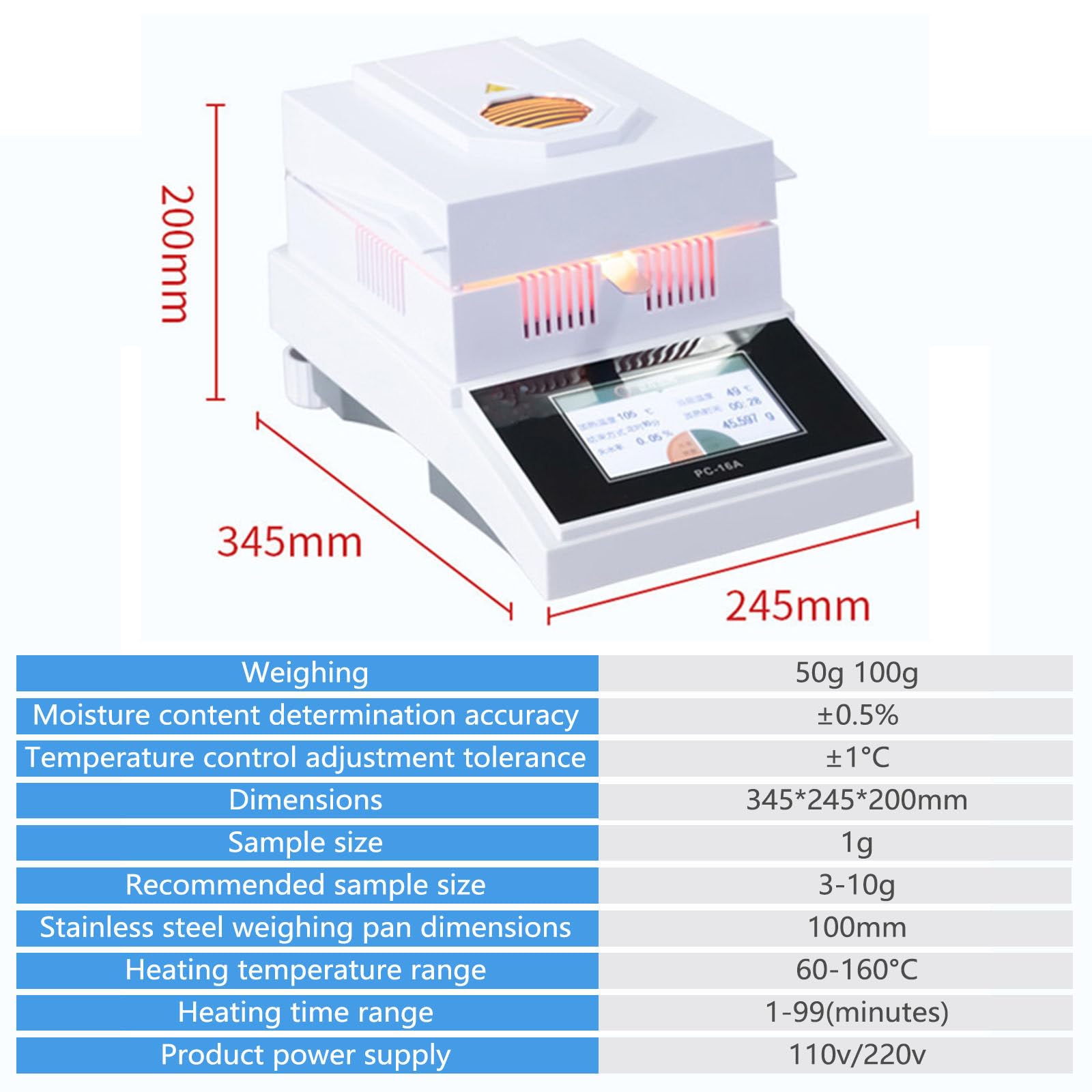 Analizator wilgoci halogenowej, 0,001 g/0,002 g/0,005 g precyzja, 100 g/5 mg, tester proszku, ziół, herbaty, mięsa, żywności