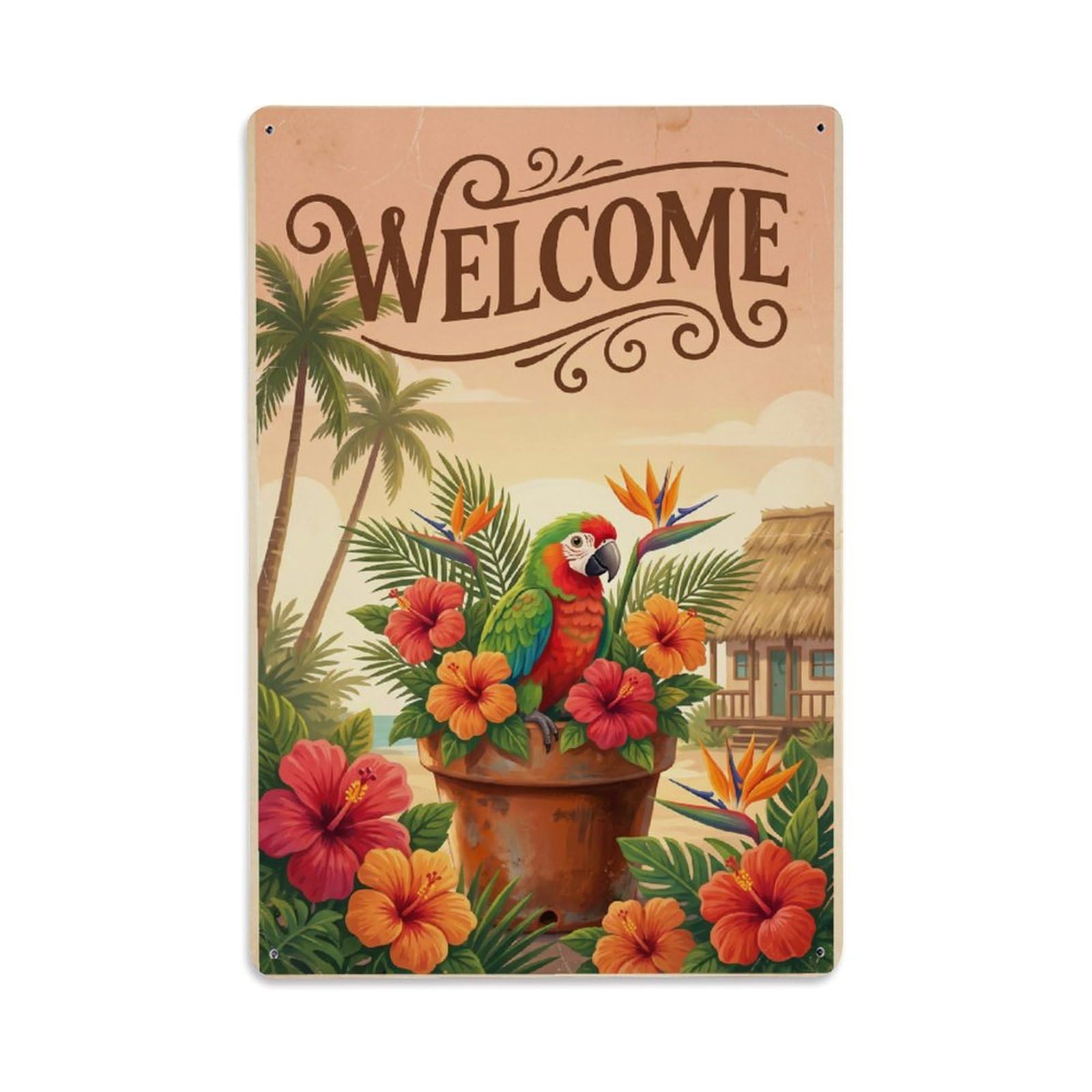 Cxhjca 8X12inch(20X30cm) Vintage Welcome Parrot Meadow Scene Metal Tin Sign