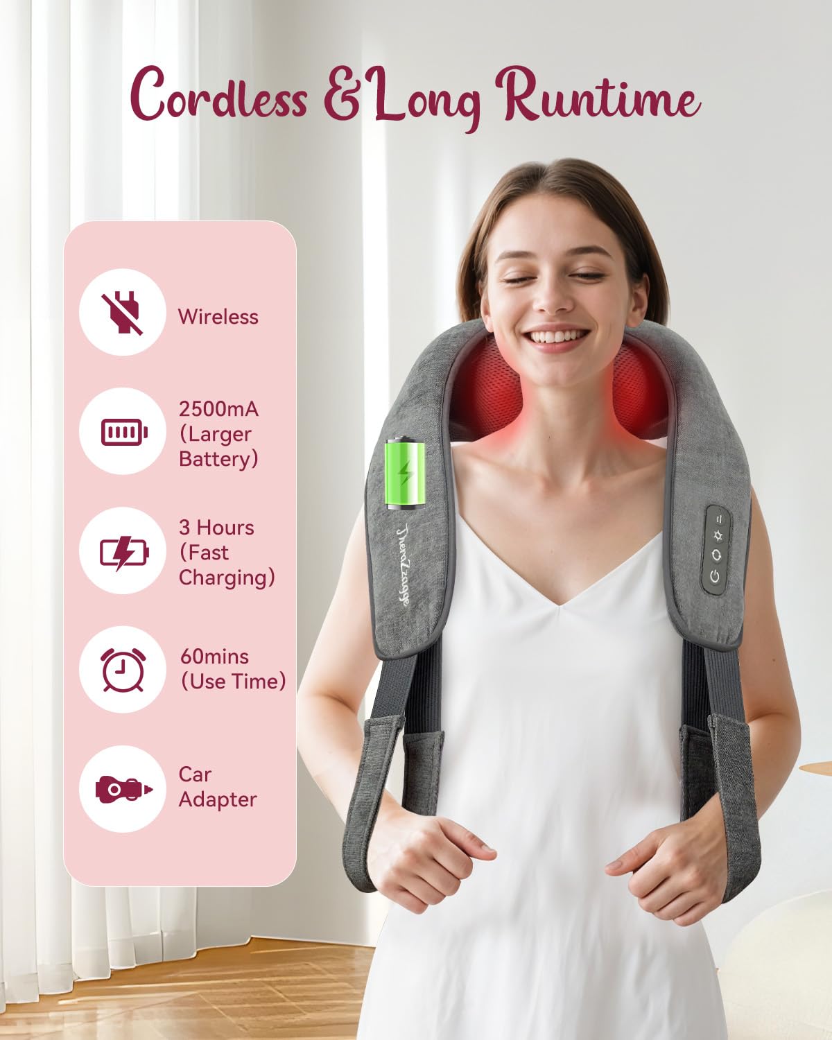 Masajeador de cuello inalámbrico para aliviar el dolor de tejido profundo, masajeador Shiatsu de cuello y hombros con calor, masajeador inalámbrico para dolor de espalda y hombros, regalos para
