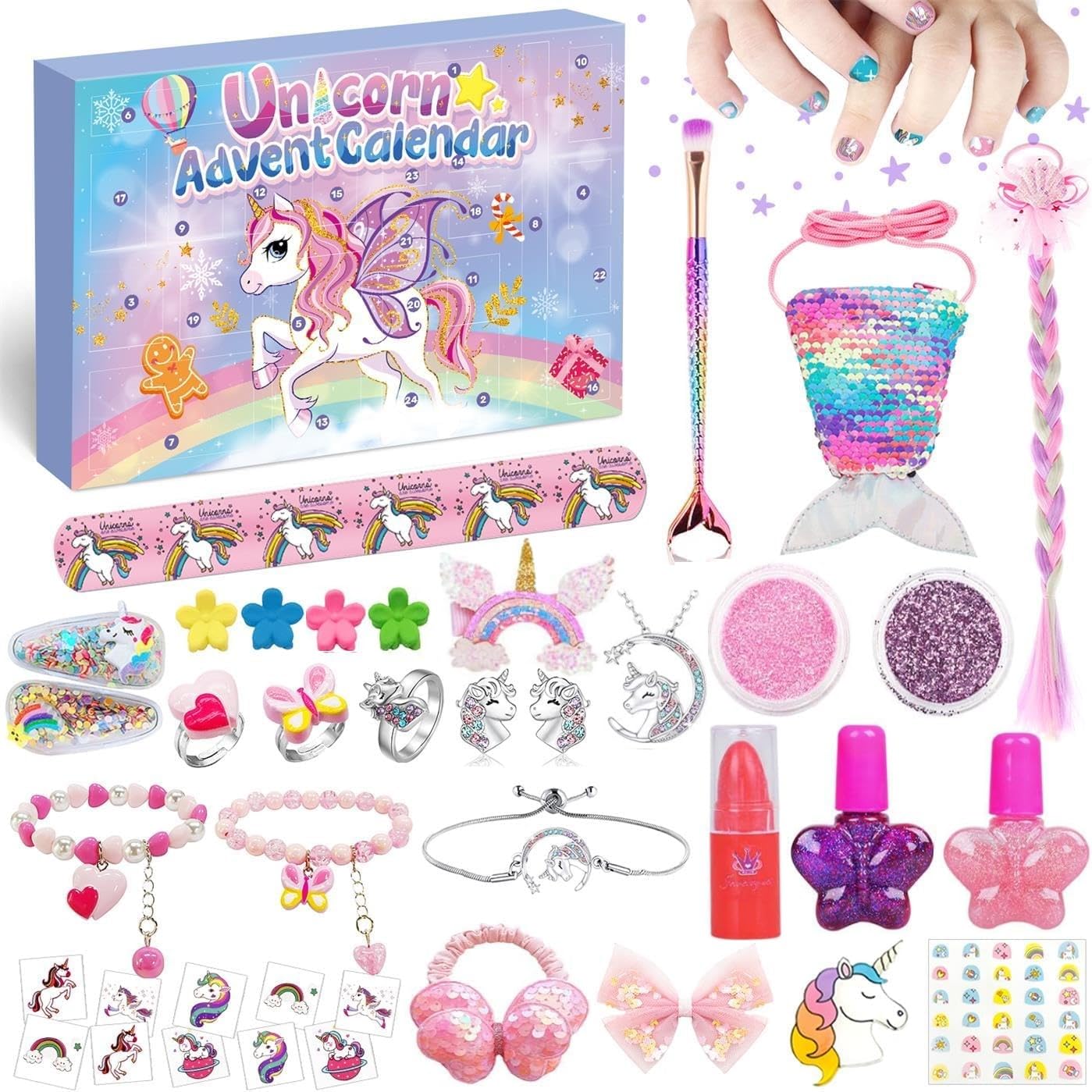 iZoeL Calendario Avvento 2025 Bambina Unicorno Bambina Regalo Calendario Avvento Make Up - Unicorno Braccialetto Collana Anello Gioielli Make Up, Regali Natale per Figlia Nipote Sorella