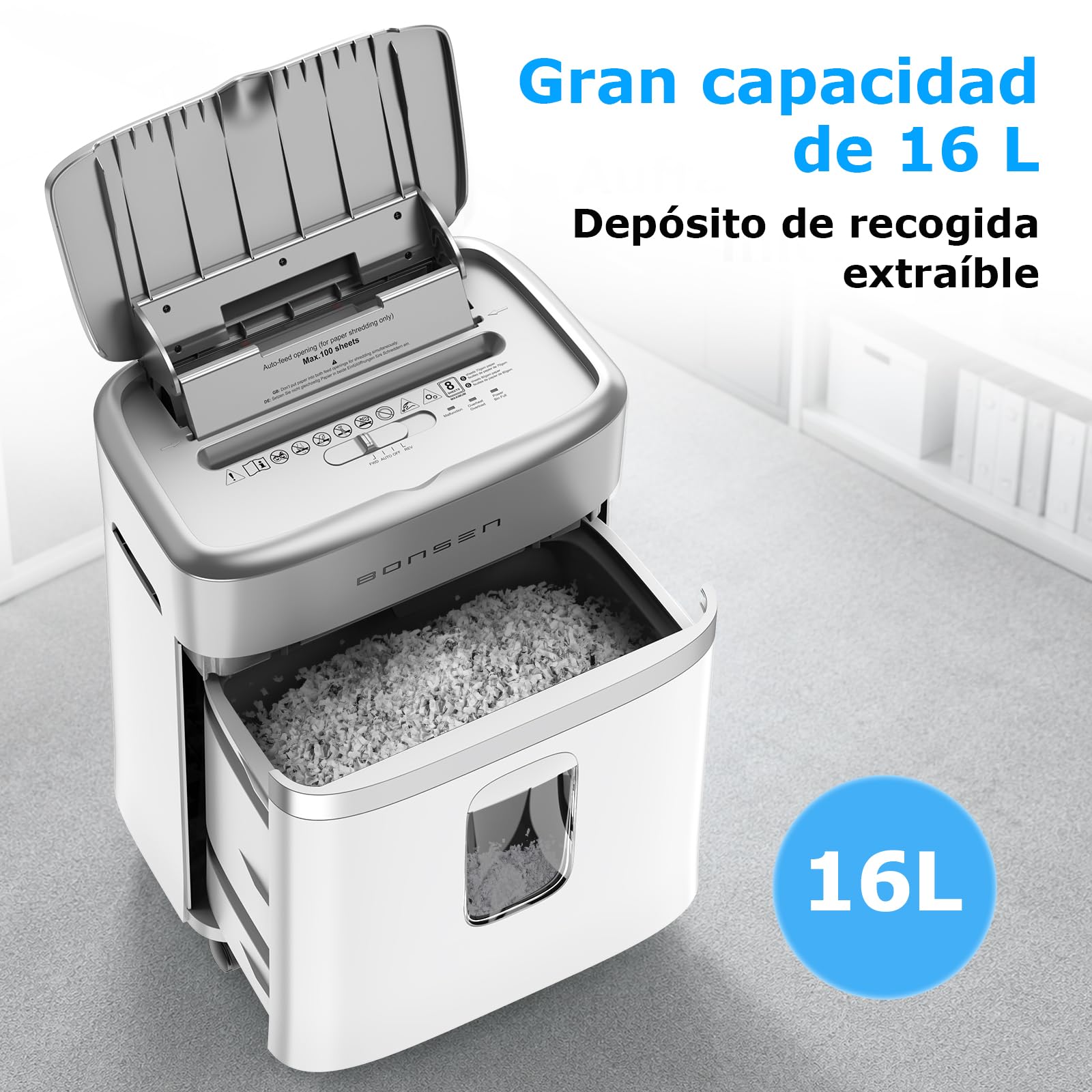 Bonsen Destructeur de Documents 100 Feuilles Auto-Feed, P-4 Micro-Coupe | 30 Min. de fonctionnement en continu & silencieux ≤60dB pour maison et bureau, S9201