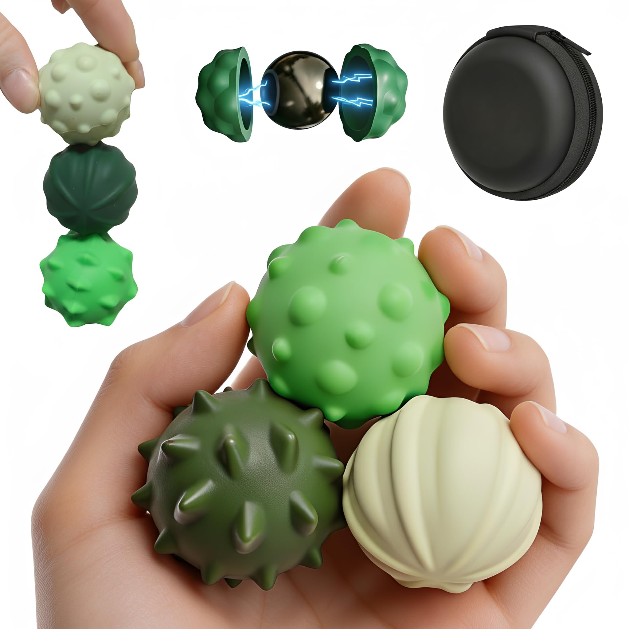 Magnetic Balls Fidge Toys, 3 Pack Large Silicone Sensory Balls, Stress Relief Tactile Magnets for Adults & Teens, Ideal for ADHD, Autism, Anxiety, Office Desk & Gift, Green