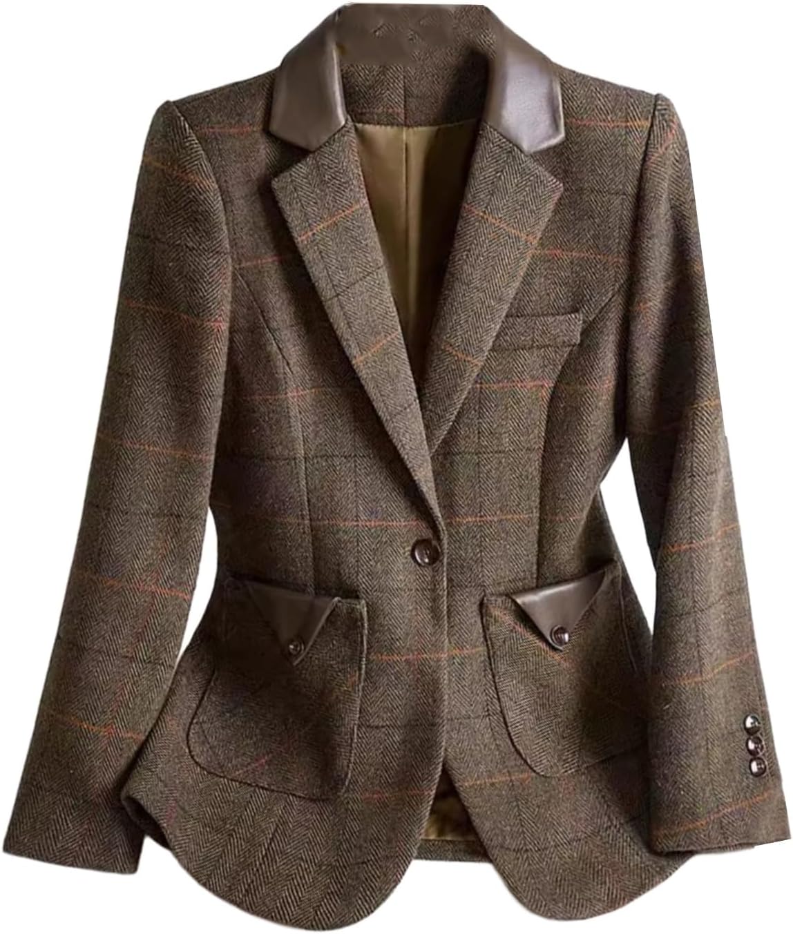 Women's Herringbone Plaid Blazer One Button Suit Coat Notch Lapel Tuxedos Jacket for Dinner Party
