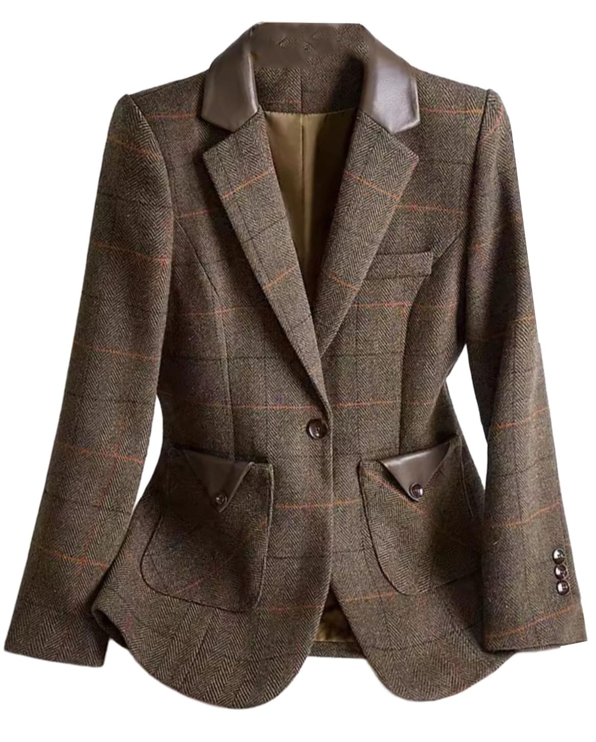 Womens Herringbone Plaid Blazer One Button Suit Coat Notch Lapel Tuxedos Jacket for Dinner Party